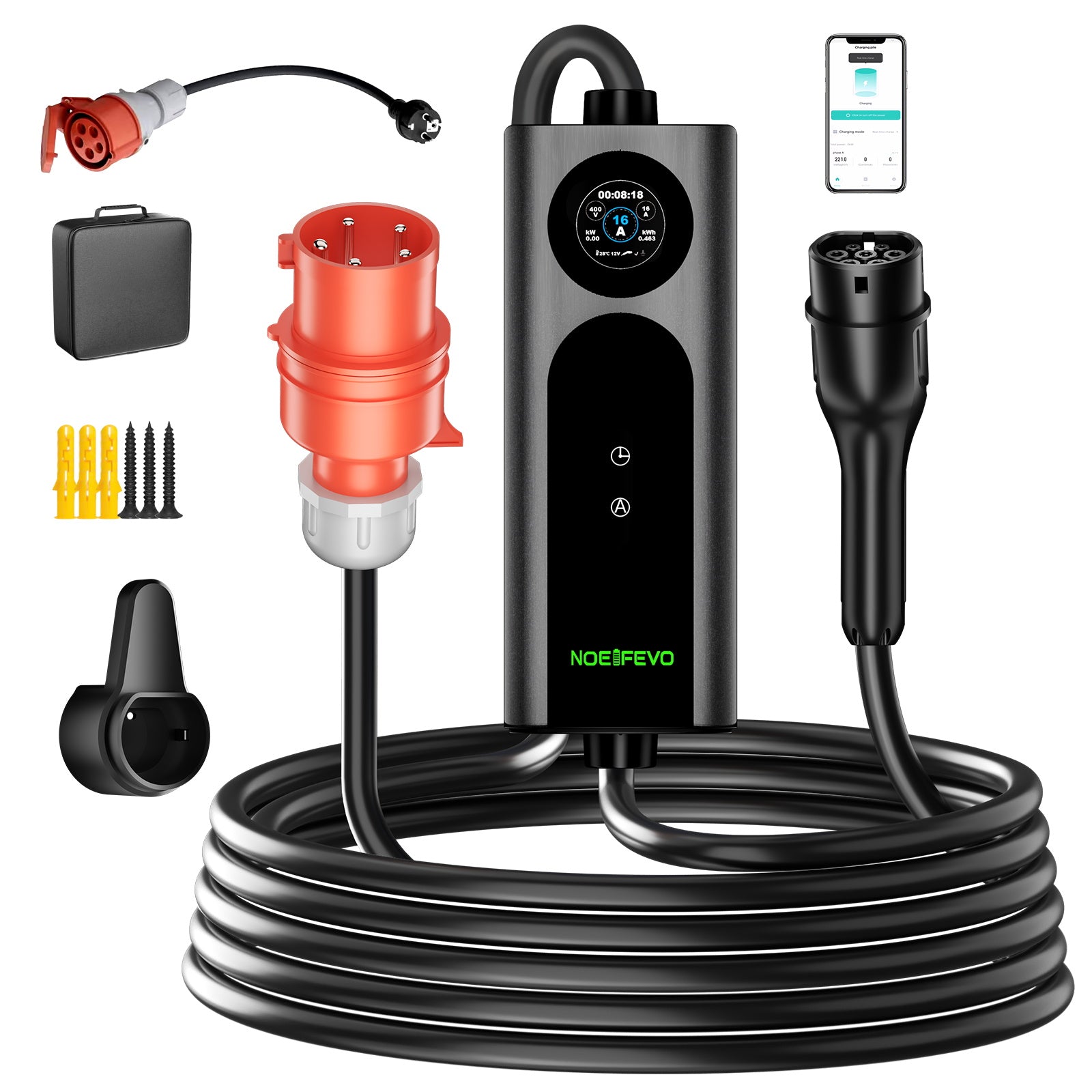 NOEIFEVO 2026 Pro mobil wallbox 11kw med app, elbil CEE 16A till Typ 2-laddkabel, 3-fas EV-laddare för alla elbilar (IEC 62196-2) & PHEV