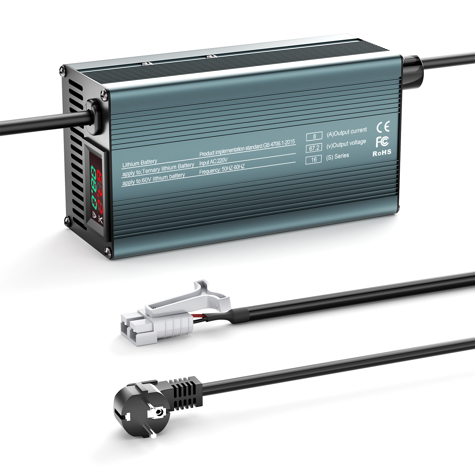 NOEIFEVO 67.2V 8A 16S Lithium-Batterijlader voor 16S 60V Li-Ion Batterijen, Stroominstelling 1-8A, Langzaam Laden en Snelle Laden (MLC1300)