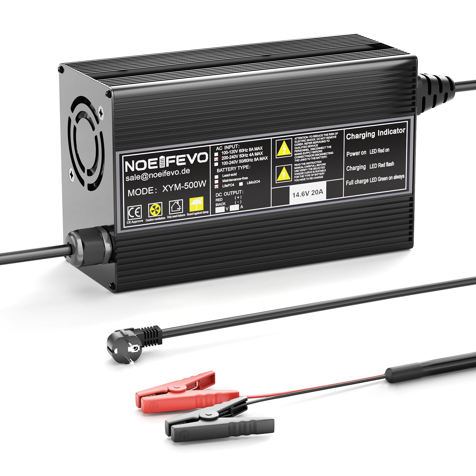 Noeifevo 14.6V 20A LiFePO4 Akku Ladegerät für 12V 12.8V LiFePO4 Lithium Batterie, 0V BMS Aktivieren, Automatische Abschaltung,Aluminiumlegierung Gehäuse