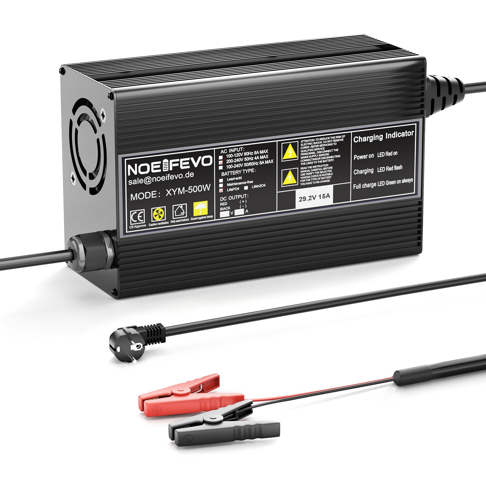 Noeifevo 29.2V 15A LiFePO4 Akku Ladegerät für 24V 25.6V Lithium Batterie,0V BMS Aktivieren, Automatische Abschaltung mit Vollschutz