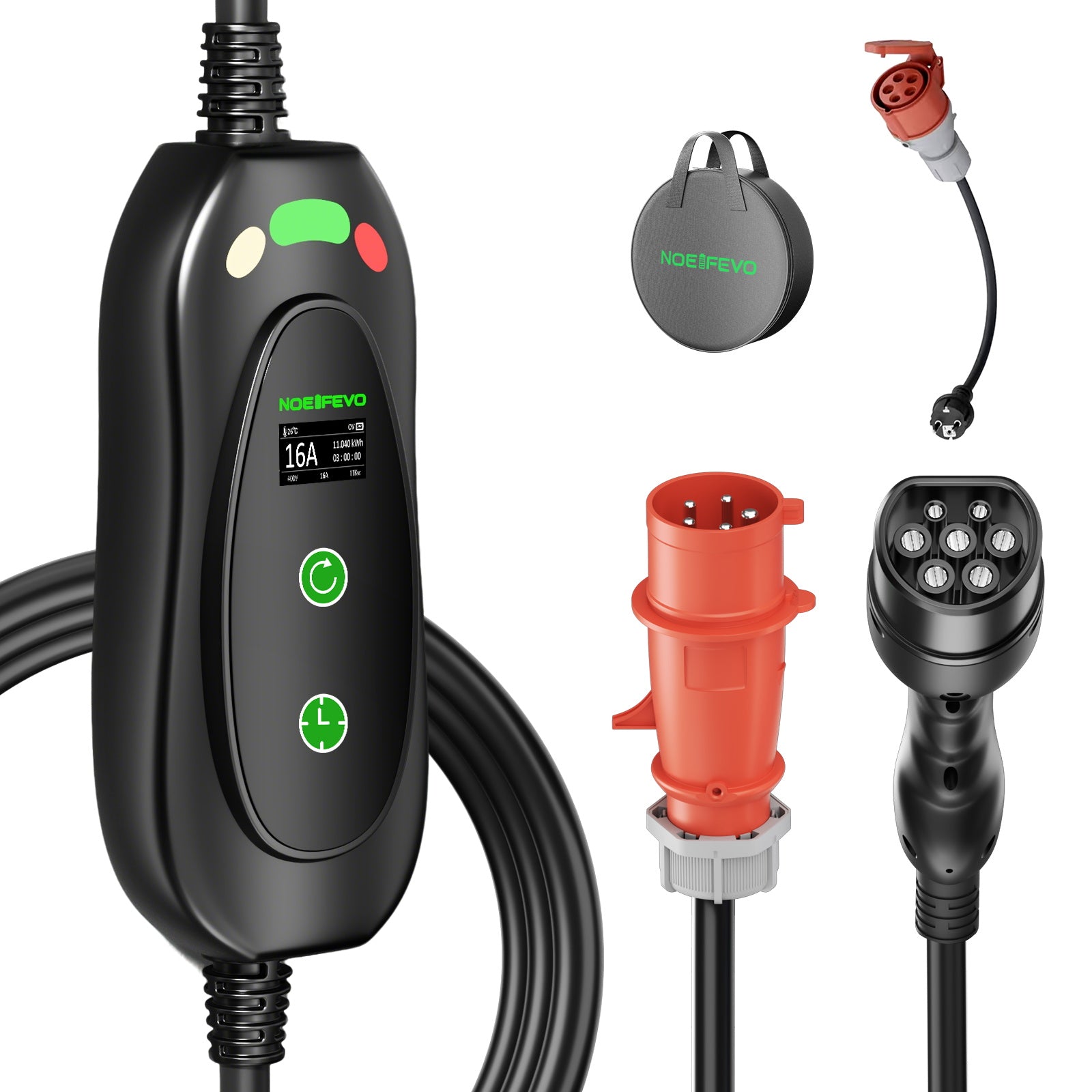 NOEIFEVO Typ2 Mobile Wallbox/Ladestation 11 kW 3-Phasen, 6-16 A Einstellbarer Ladestrom, 1-10 Stunden Verzögerungs-Ladung, CEE 16A auf Typ2 Tragbarer EV-Ladegerät , Für alle Typ2 EV & PHEV