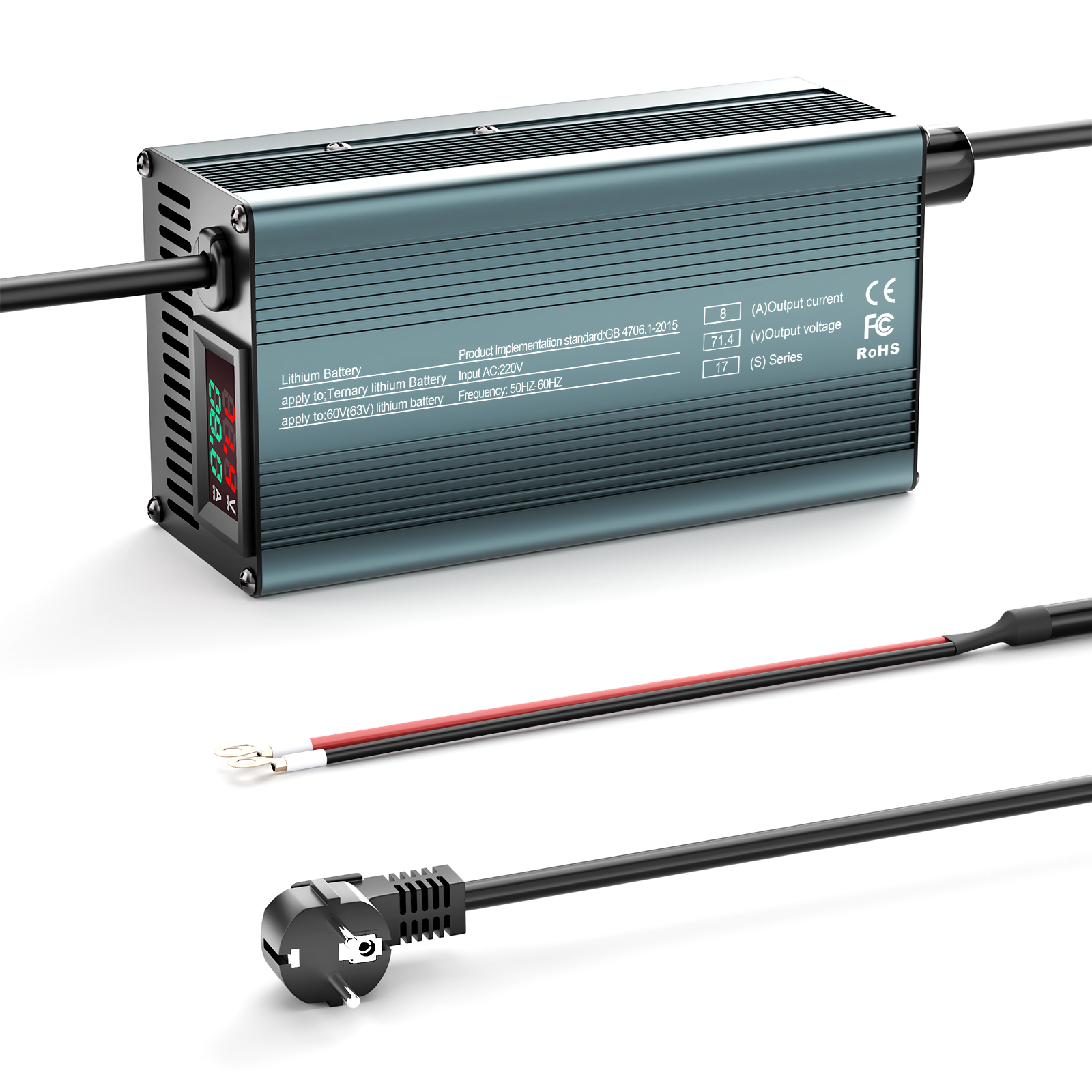 NOEIFEVO 71,4V 8A Lithiumbatterijlader voor 17S 62,9V Li-Ion-batterijen, Stroominstelling 1-8A, langzaam opladen en snel opladen (MLC1300)