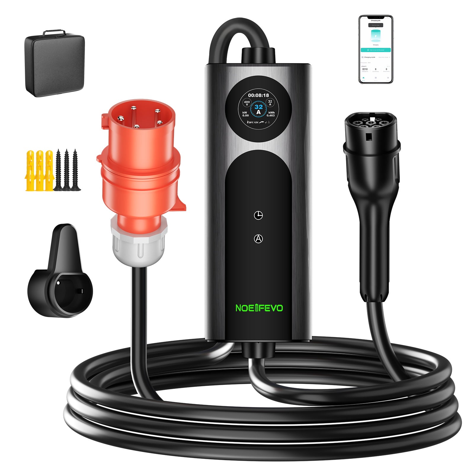 22KW 32A 3-fázová mobilná nabíjačka EV Wallbox, rýchlonabíjačka typu 2 pre elektrické vozidlá, 5 metrový kábel, zástrčka CEE 32A