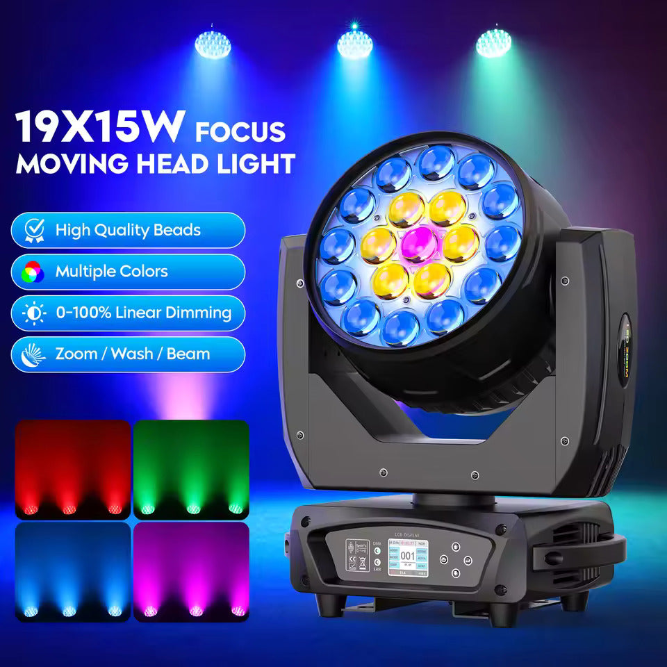 19 x 15W Beam Moving Head Party Licht, 4 in 1 RGBW LED Beleuchtung, Zoom Wash Lichter, DMX-Bühneneffektbeleuchtung für Disco, Party, Konzert und Theater