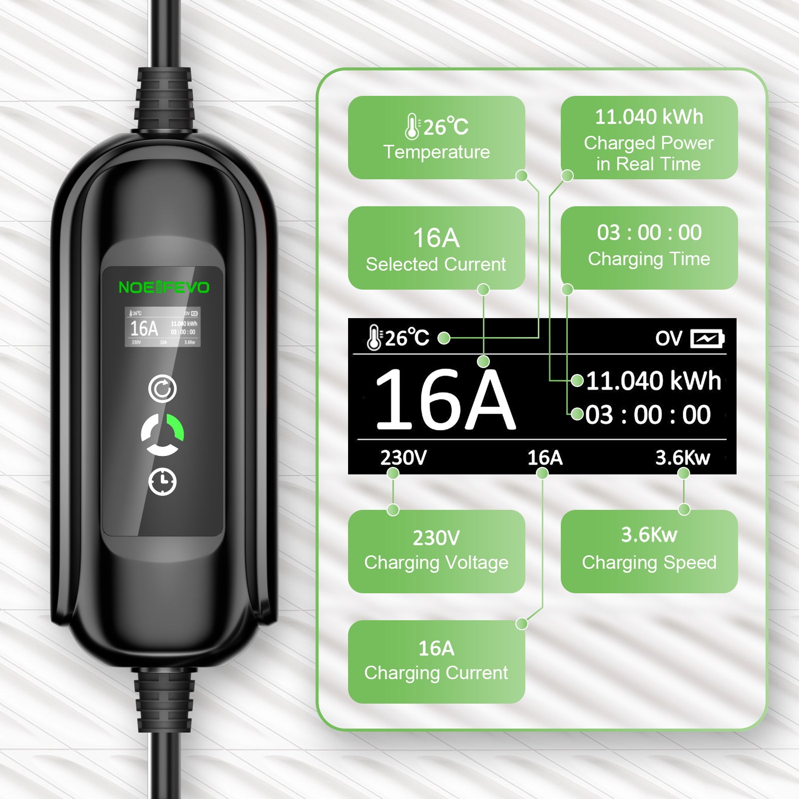 Carregador de veículos eléctricos portátil Noeifevo Tipo 2/Tipo 1 3,7KW 16A, cabo de carregamento de veículos eléctricos móvel  com Schuko, 5m/10m/15m