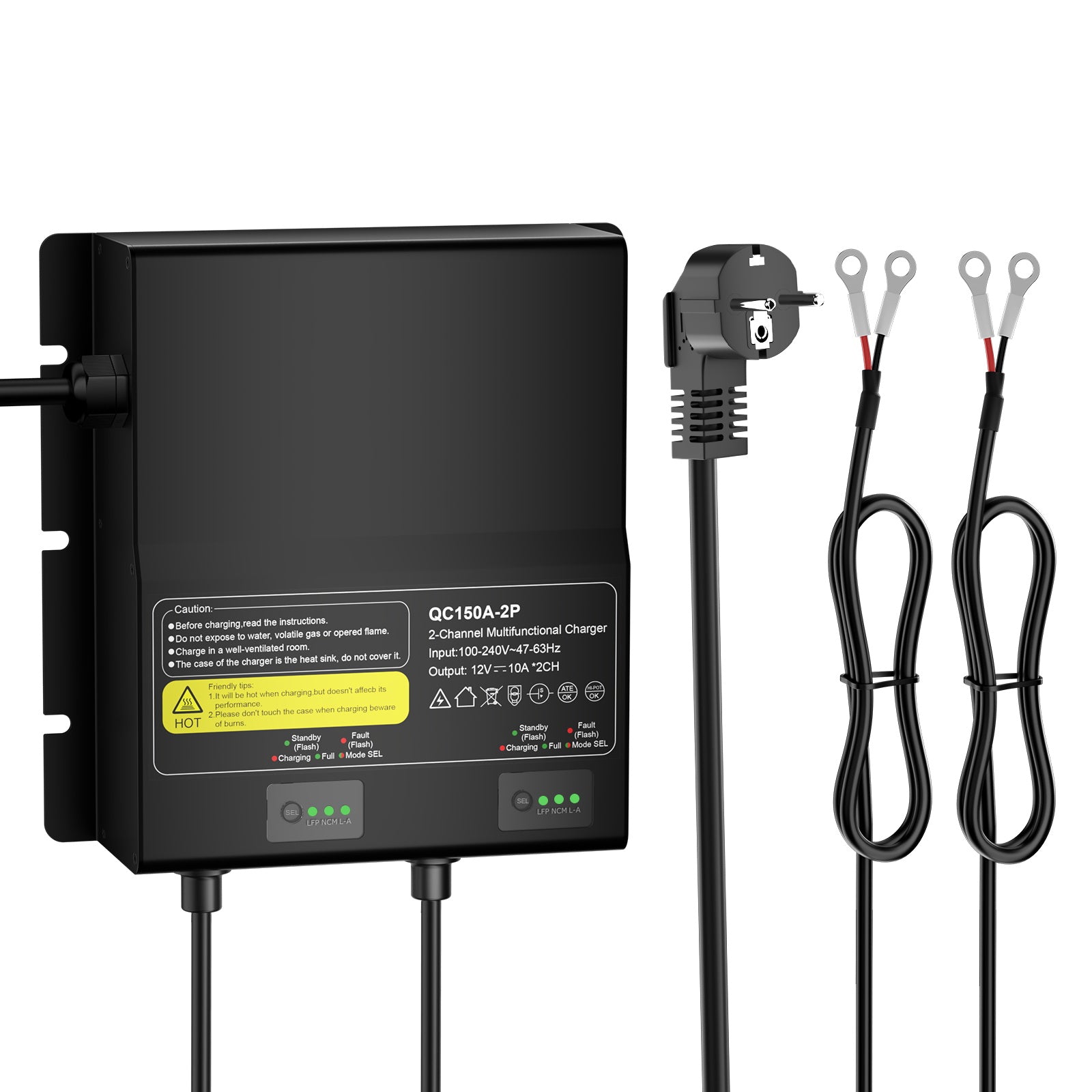 NOEIFEVO Carregador de bateria universal 12V 20A 2 Bancos (10A/Banco), carregador impermeável 12V para LiFePO4, Lítio e Ácido-Chumbo, para autocaravana, barco, motocicleta, cortador de grama, motor de arrasto e bateria de chumbo-ácido