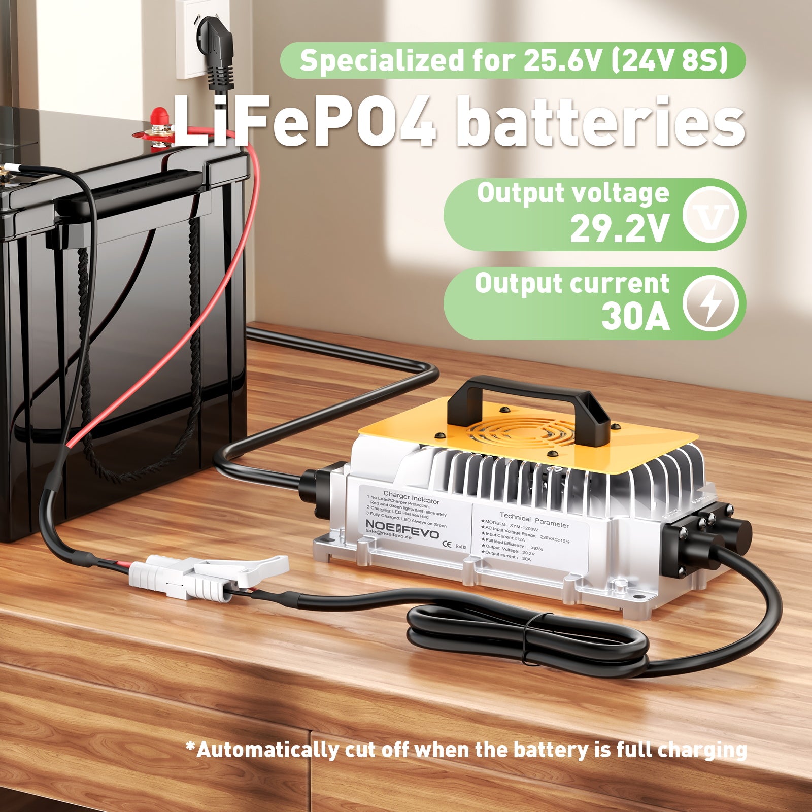 Noeifevo 29.2V 30A LiFePO4 Batterijlader voor 24V 25.6V LiFePO4 Batterij