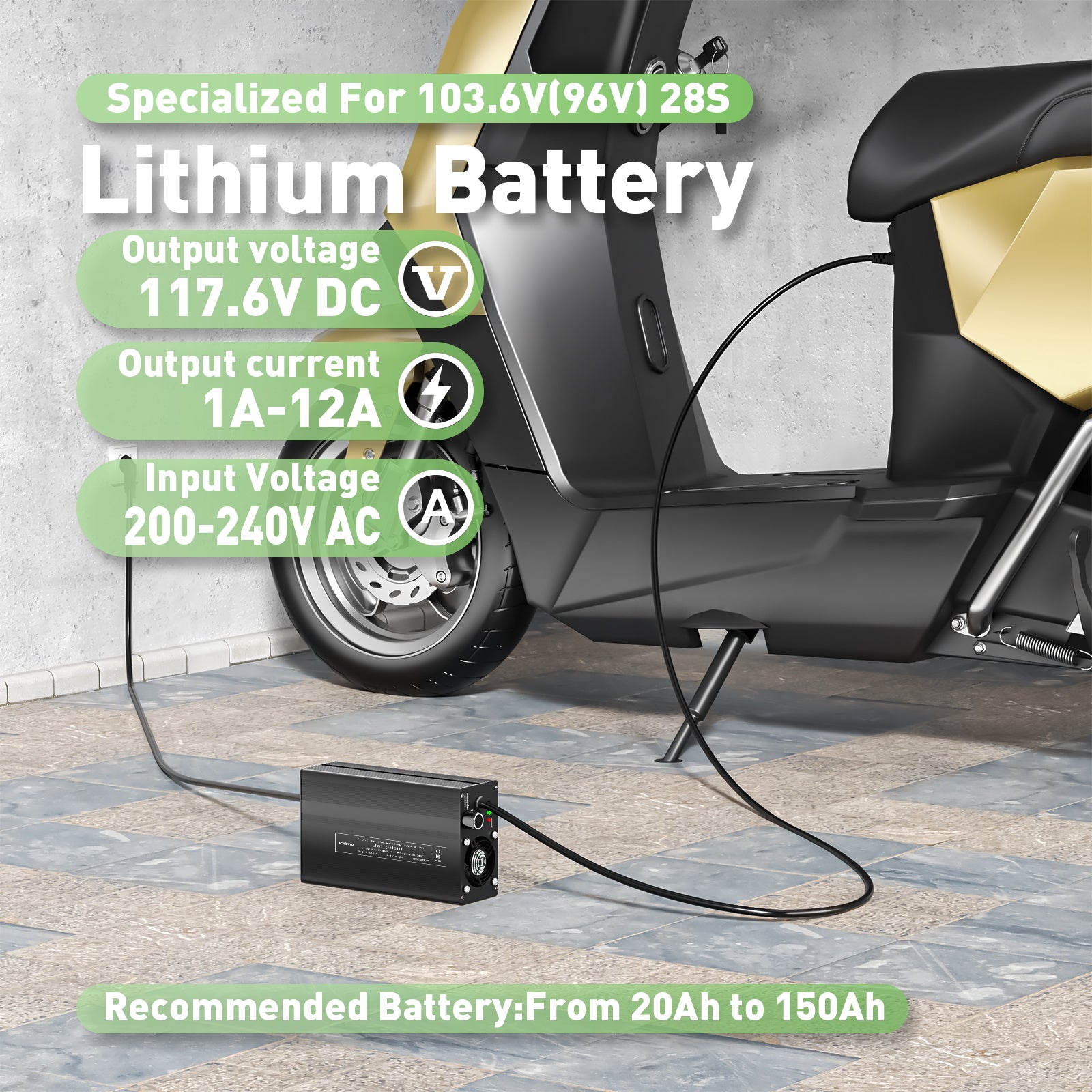 NOEIFEVO 117.6V 1A-12A Lithium-Batterieladegerät für 103.6V (96V) 28S Lithium-Li-Ionen-Lipo-Batterie, LCD-Anzeige, Strom einstellbar