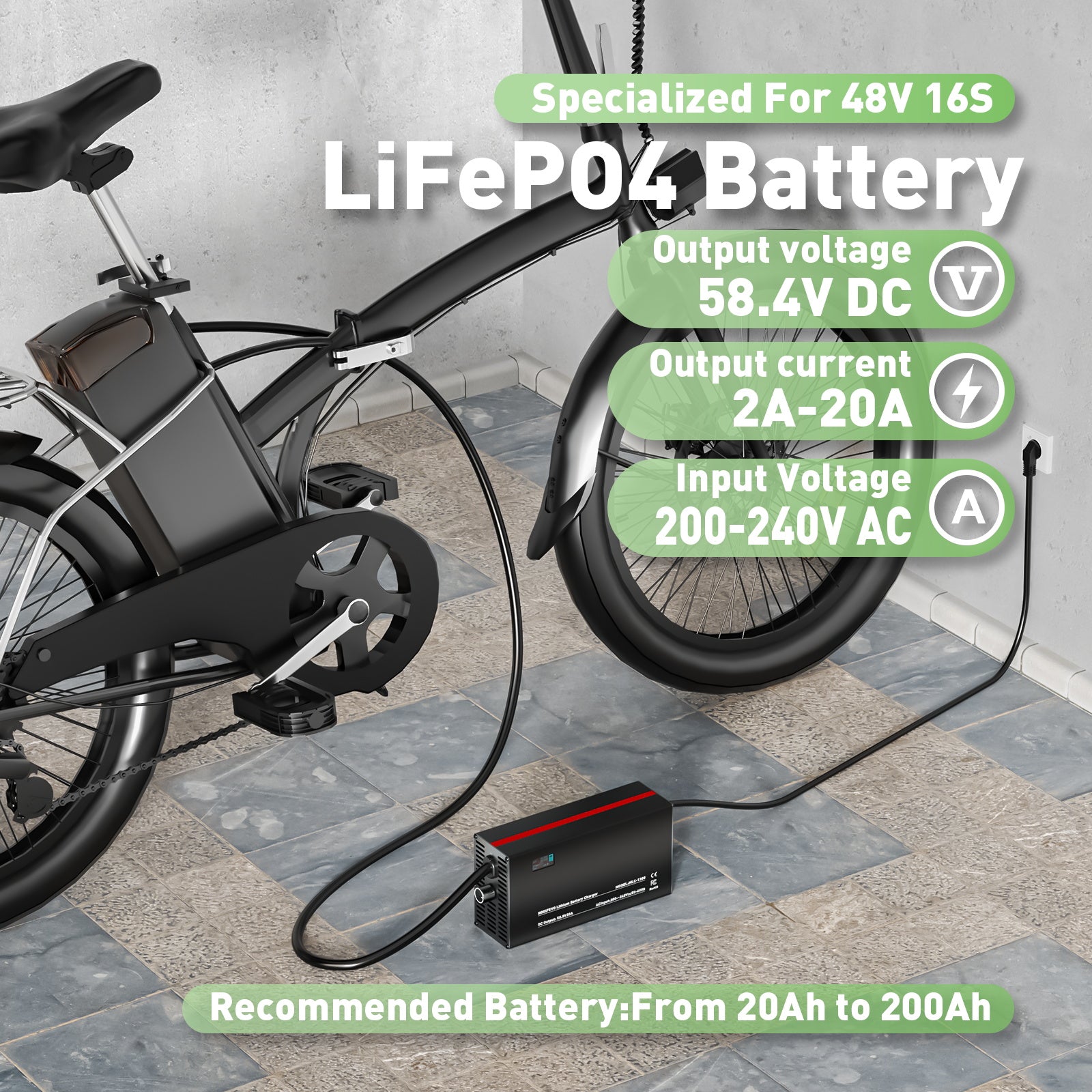 NOEIFEVO 58.4V 2-20A Lithium-LiFePO4-accu-oplader voor 51.2V 16S LiFePO4-accu, LCD-display, instelbare stroom, oplader voor golfwagens, trollingmotor, boot en campers