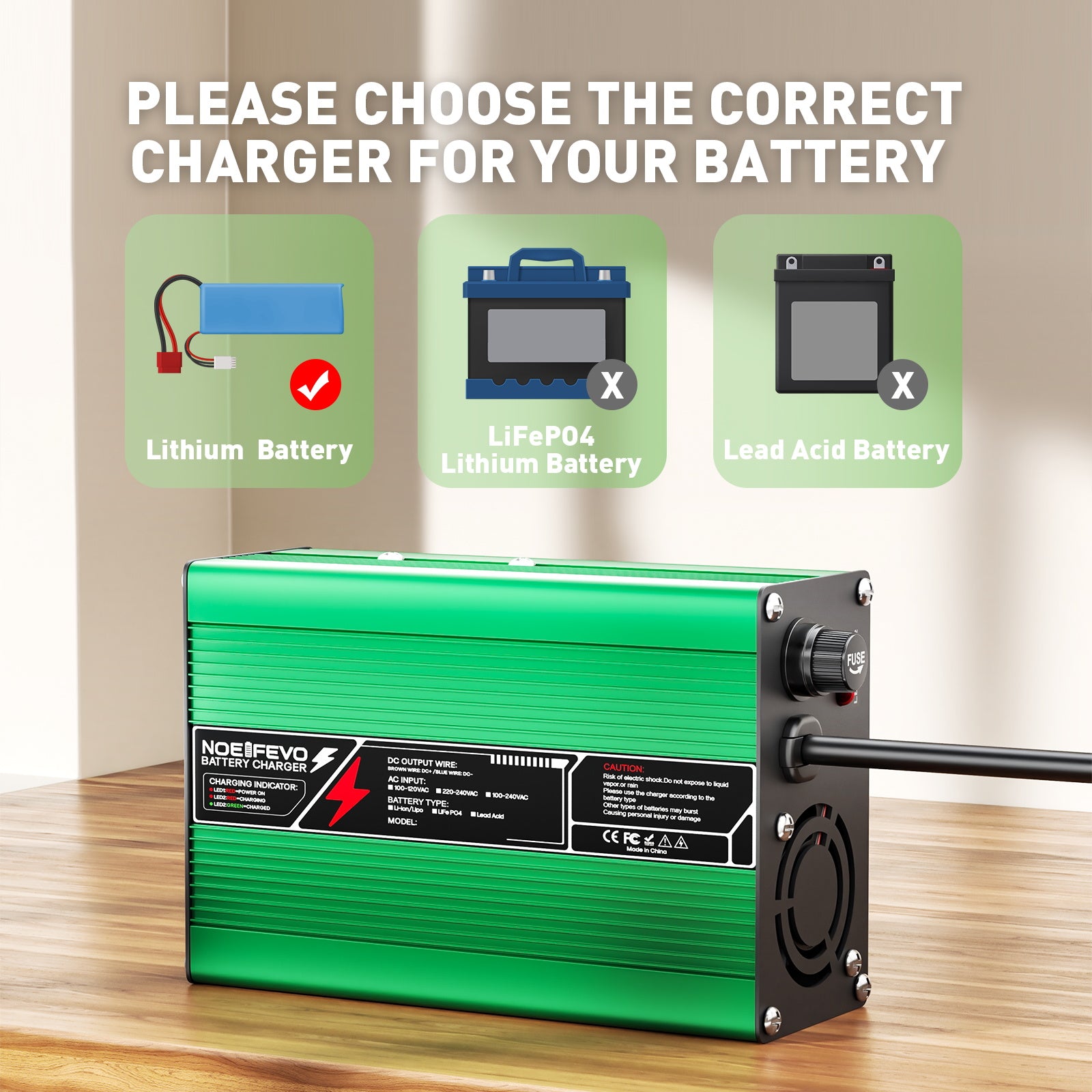 NOEIFEVO 37.8V 2A 3A 3.5A 4A Lithium-oplader voor 9S 33.3V Li-Ion Lipo-batterijen, Koelventilator, automatische uitschakeling (GROEN).