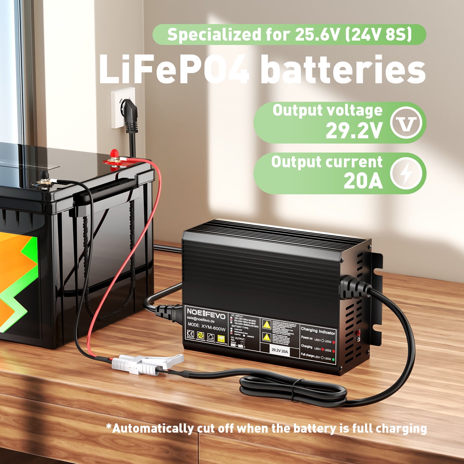 Noeifevo 29,2V 20A nabíječka baterií LiFePO4 pro 24V 25,6V baterie LiFePO4