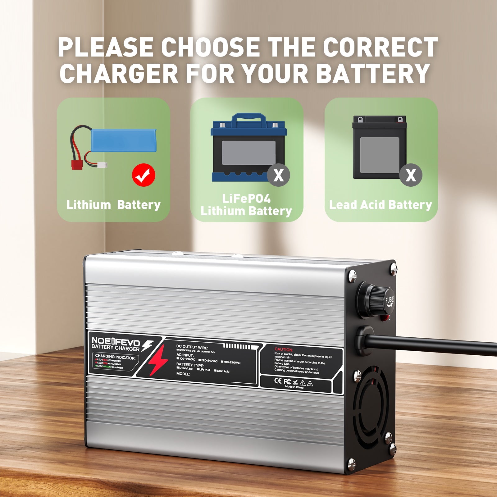 NOEIFEVO 27.6V-29.4V 5A Caricabatterie per batterie al piombo per batterie al piombo 24V, con ventilatore di raffreddamento, spegnimento automatico