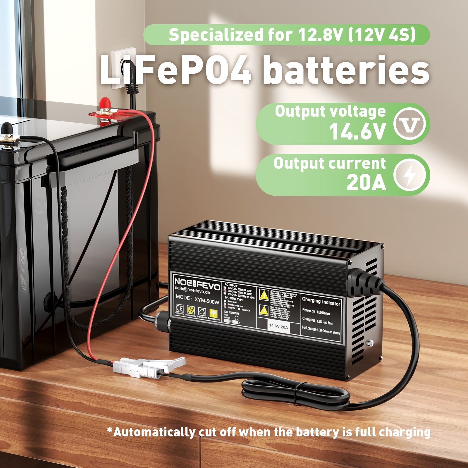 LiFePO4 Noeifevo 14,6 V 20A akumulatorów Ładowarka  do akumulatorów litowo-żelazowo-fosforanowych 12 V 12,8 V, aktywacja BMS 0 V, automatyczne wyłączanie, obudowa ze stopu aluminium