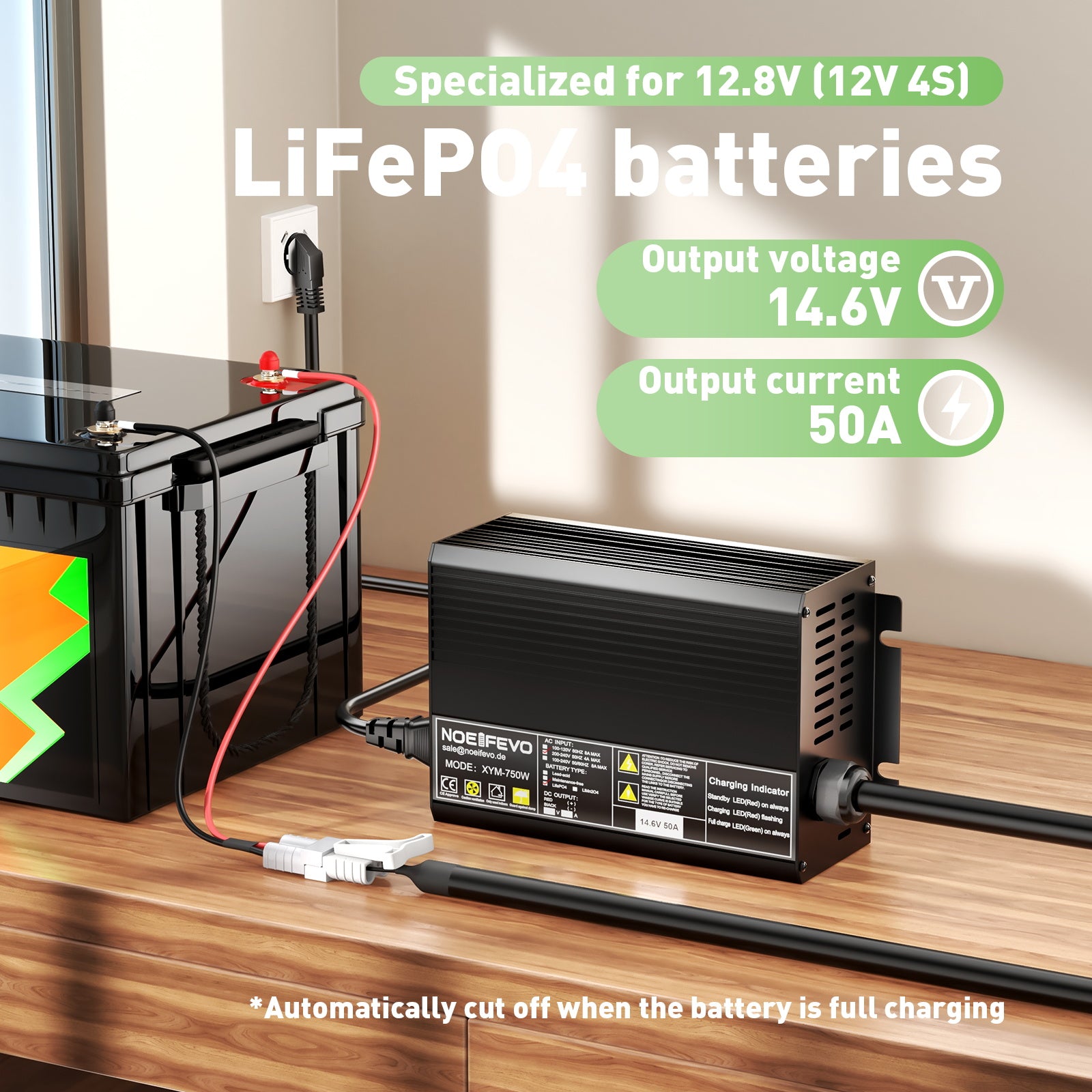 Noeifevo 14,6 V 50A Carregador rápido de bateria de lítio LiFePO4 para bateria LiFePO4 de 12 V (12,8 V), ativação de 0 V BMS, desligamento automático com proteção total