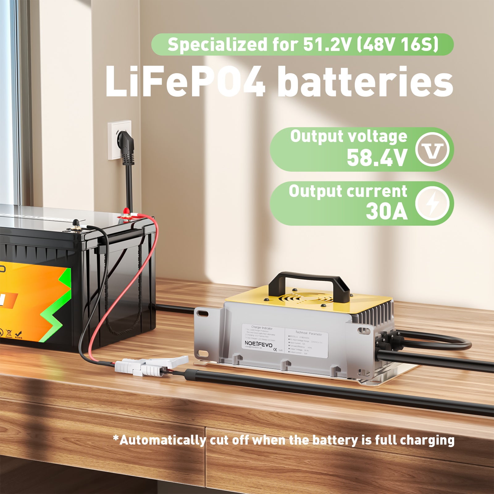 NOEIFEVO 58.4V 30A מטען סוללות LiFePO4 עבור 51.2V (48V) 16S LiFePO4 סוללה, עמיד למים, 0V BMS מופעל