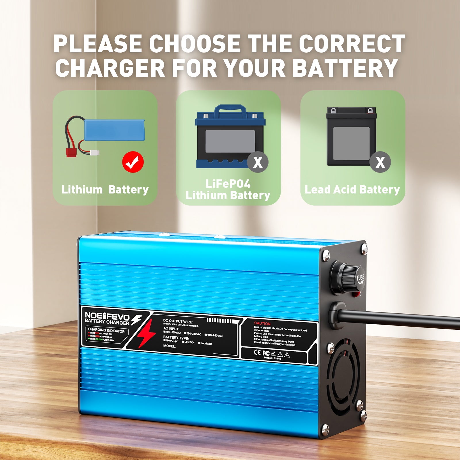 NOEIFEVO 29,2V 10A LiFePO4 Batterilader til 24V 25,6V 8S LiFePO4 Batteri, automatisk afbrydelse, aluminiums kabinet, med blæser