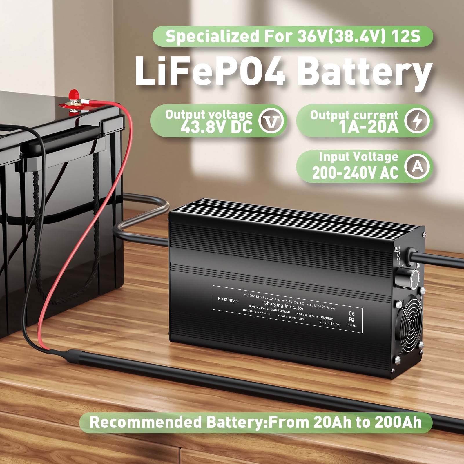 Nabíjačka na batérie LiFePO4 NOEIFEVO 43,8 V 20 A pre 38,4 V 12S LiFePO4 batérie, s LCD displejom, nastaviteľným prúdom, nabíjačka pre golfové vozíky, trollingové motory, lode a karavany.