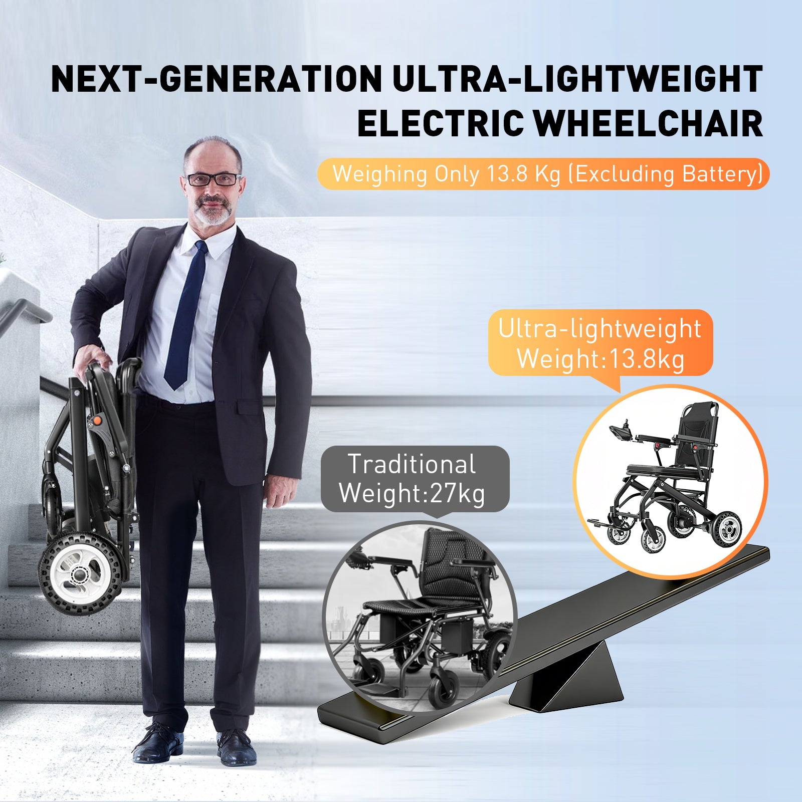 Sähköpyörätuoli – 13.6kg, 300W moottori, irrotettava litiumakku, elektromagneettinen jarru, 100kg kantavuus, kevyt sähköinen taitettava pyörätuoli, ihanteellinen matkoille & arkeen