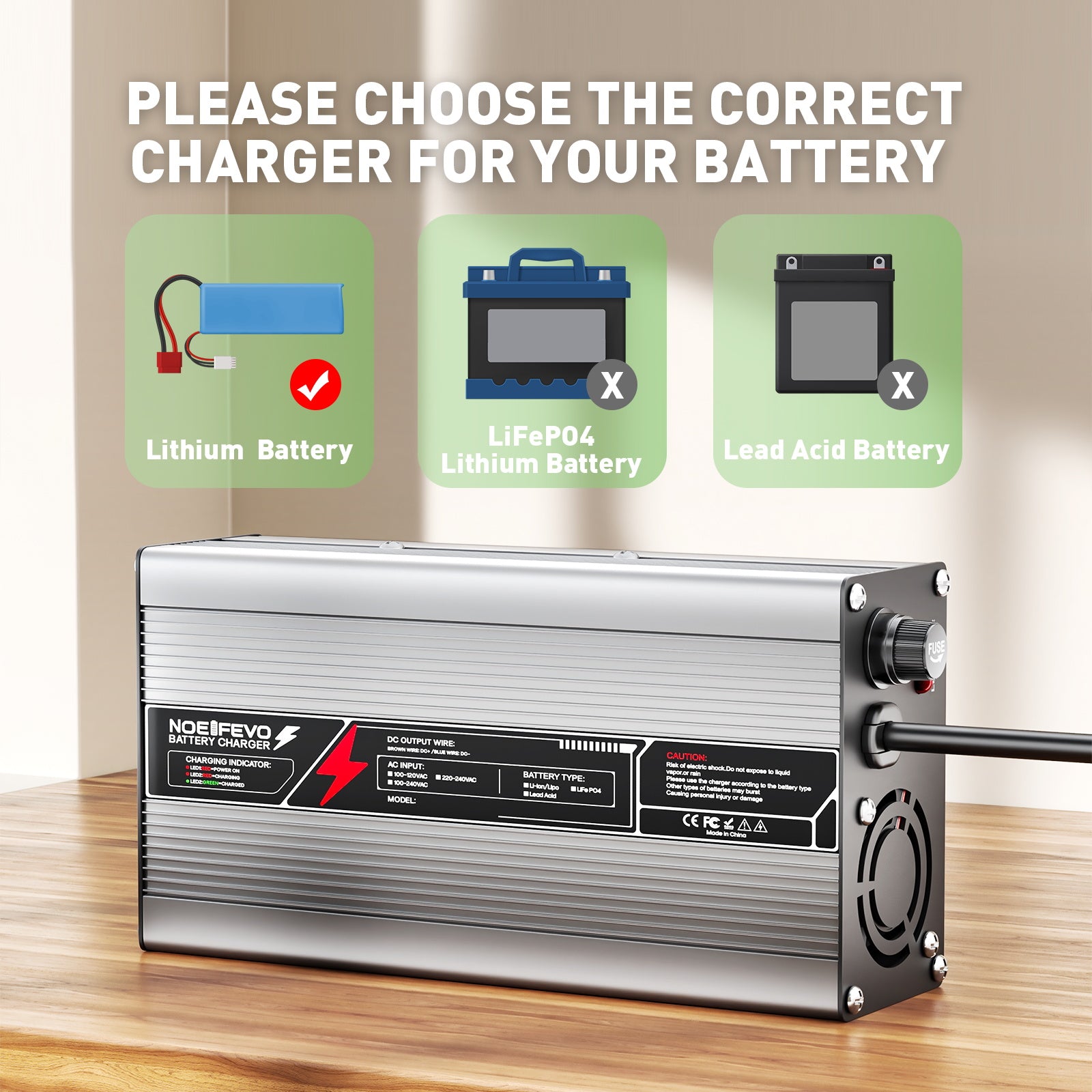 NOEIFEVO 43,8 V 10 A LiFePO4 Batterieladegerät für 38,4 V 10S-Batterie, automatische Abschaltung, Aluminiumgehäuse, mit Lüfter (Silber)