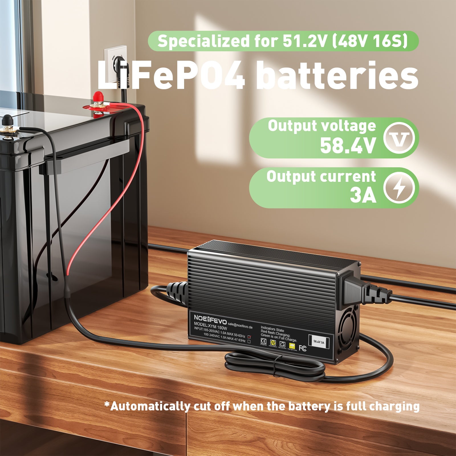 Laadapparaat voor 48V 51.2V 16S LiFePO4 batterij, XLR/IEC/XT60/Anderson 50A/M8, 58.4V 3A LiFePO4 batterijlader