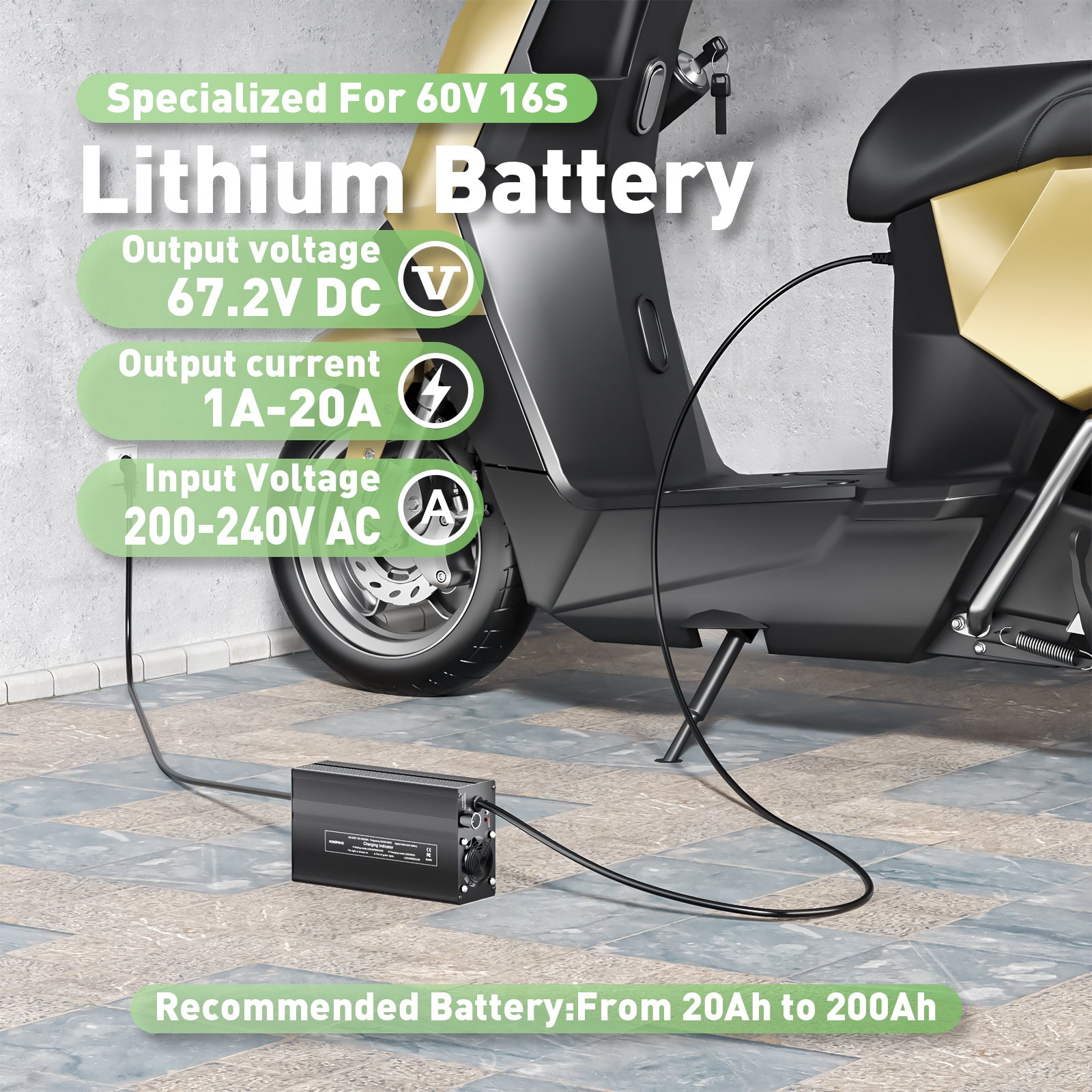 NOEIFEVO 67,2V 20A Lithium-Batterieladegerät für 59.2V 60V 16S Lithium-Li-Ionen-Lipo-Batterie, LCD-Anzeige, Strom einstellbar, Ladegerät für E-Bike, Roller, Elektromotorrad