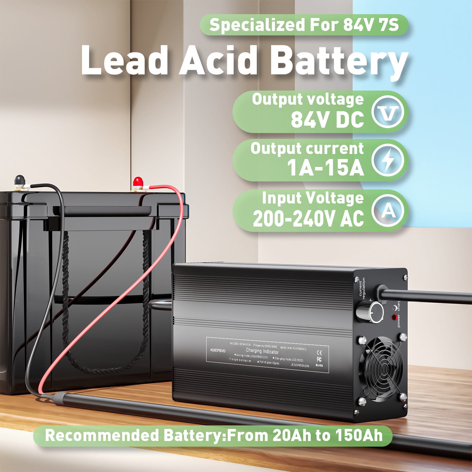 NOEIFEVO 84V 15A Caricabatterie per batterie al piombo-acido, compatibile con batterie al piombo-acido 84V 7S, display LCD, corrente regolabile.