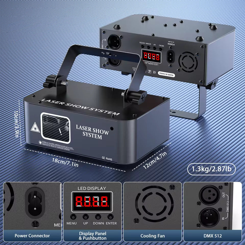 Laser-scene-projektor med RGB-laserskanningseffekter, LED-interiørbelysning for scene – ideell for DJs, diskotek, bursdag- og bryllupsfester. Støtter DMX512 og lydaktiv drift