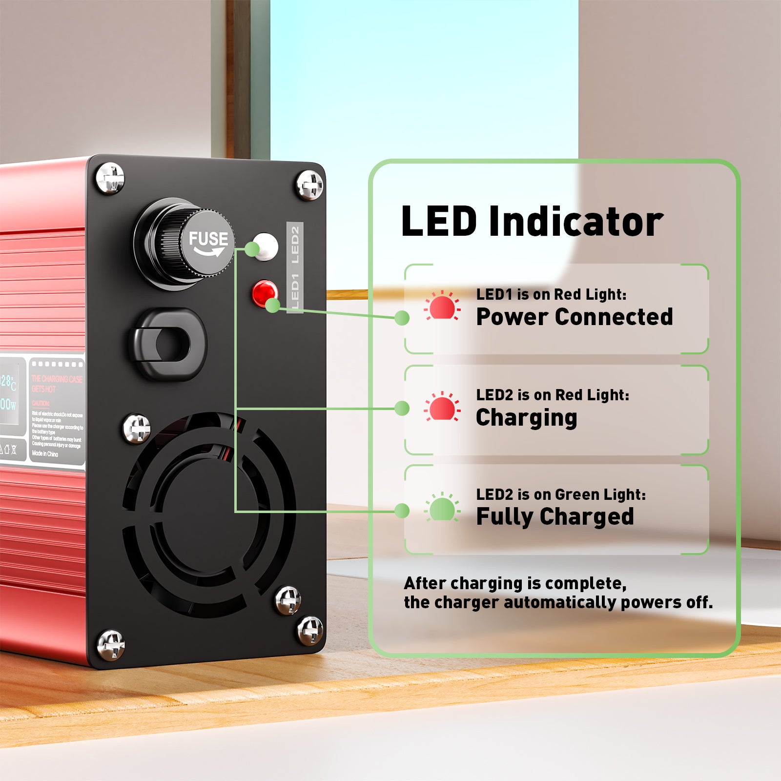 NOEIFEVO 46.2V 4A Lithium-lader til 11S 40.7V Li-Ion Lipo-batterier, med kølevifte, automatisk afbrydelse (RØD)