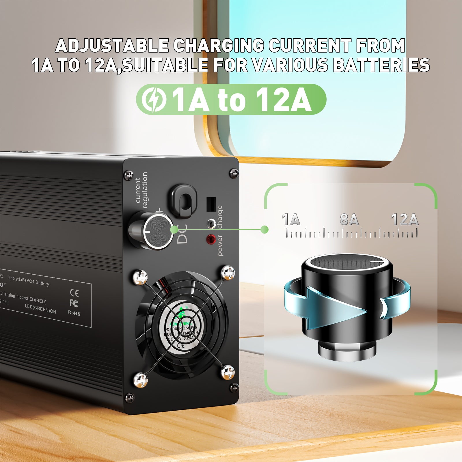 NOEIFEVO 116.8V 1A-12A Caricabatterie LiFePO4, adatto per batteria LiFePO4 102.4V (96V) 32S, display LCD, corrente regolabile