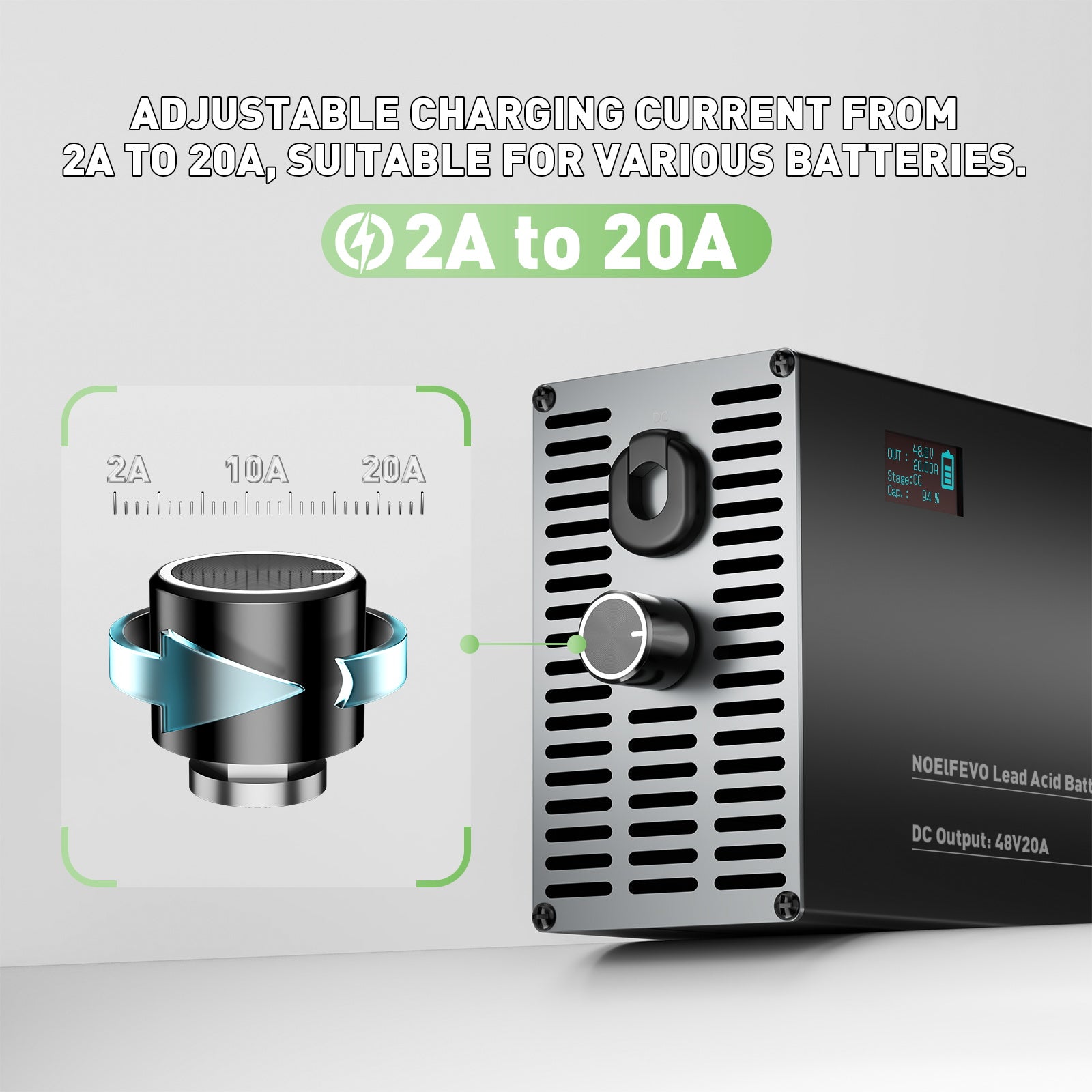 NOEIFEVO 48V 2A-20A Stroom Instelbaar Acculader voor Loodzuuraccu's, AGM, Gel, Golfwagen Acculader, LED-display