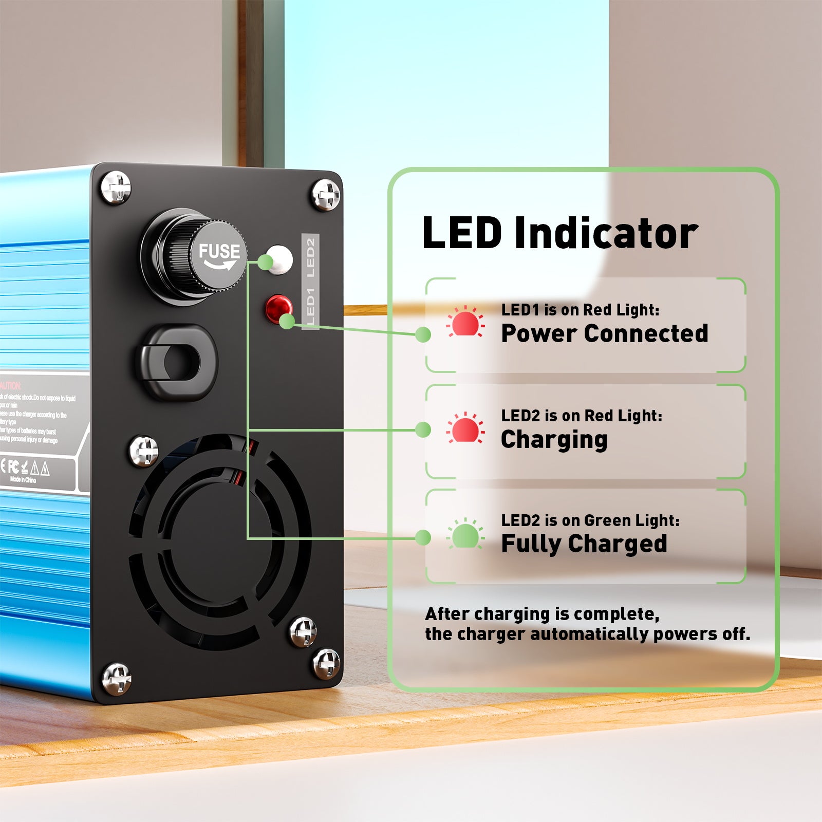 NOEIFEVO 42V 4A Carregador de lítio para baterias Li-Ion Lipo 10S 37V, ventilador de refrigeração, desligamento automático (AZUL).