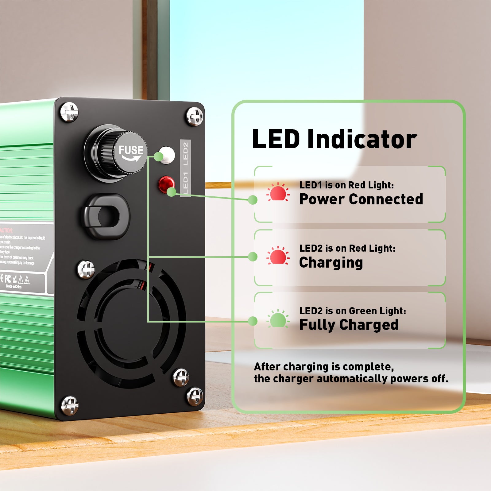 NOEIFEVO 50.4V 3A Litiumlatauslaite 12S 44.4V Li-Ion Lipo-akuille, jäähdytysfaneetti, automaattinen sammutus (Vihreä)