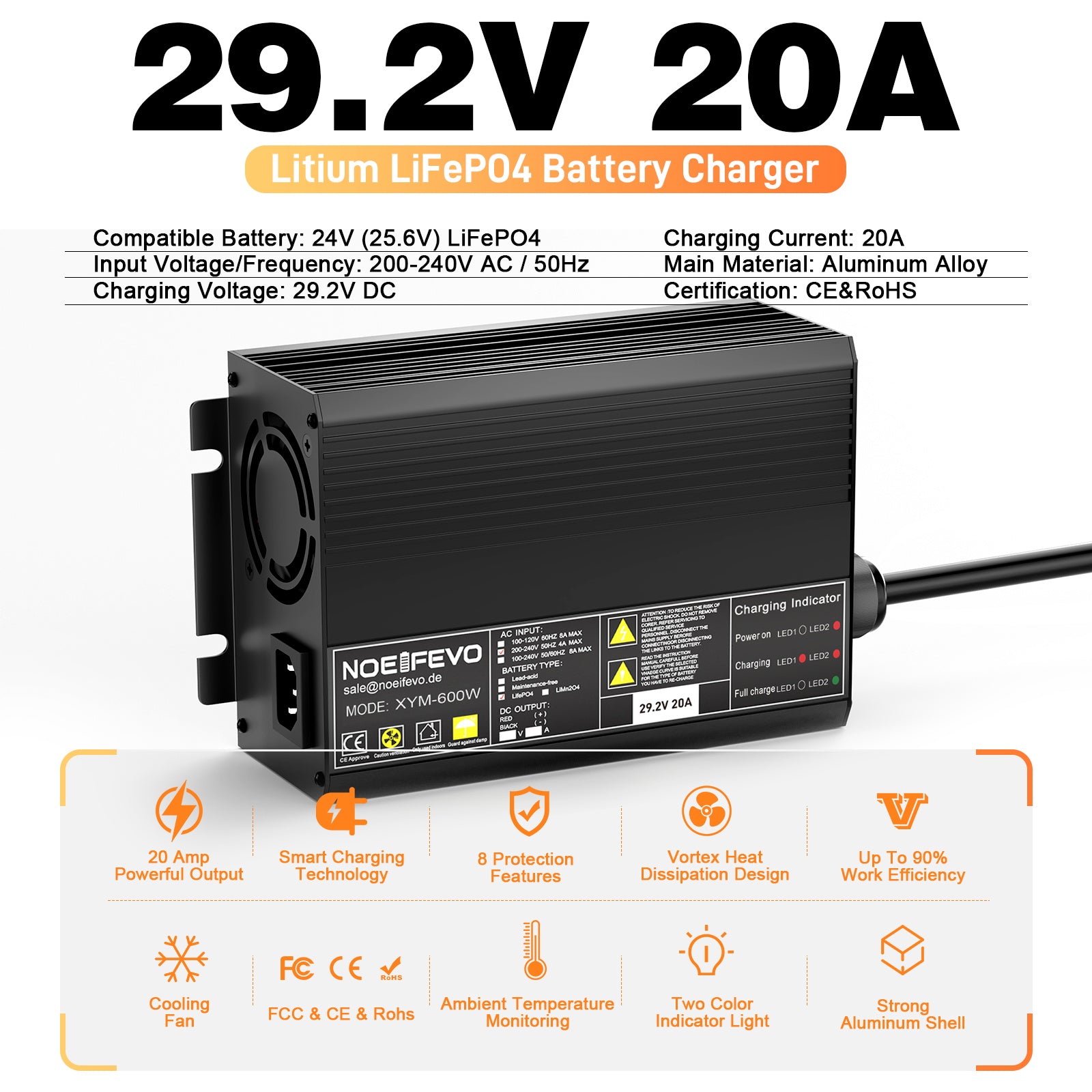 Noeifevo 29,2 V 20A LiFePO4 bateria de Carregador para bateria de lítio 24 V 25,6 V, ativação de 0 V BMS, desligamento automático com proteção total