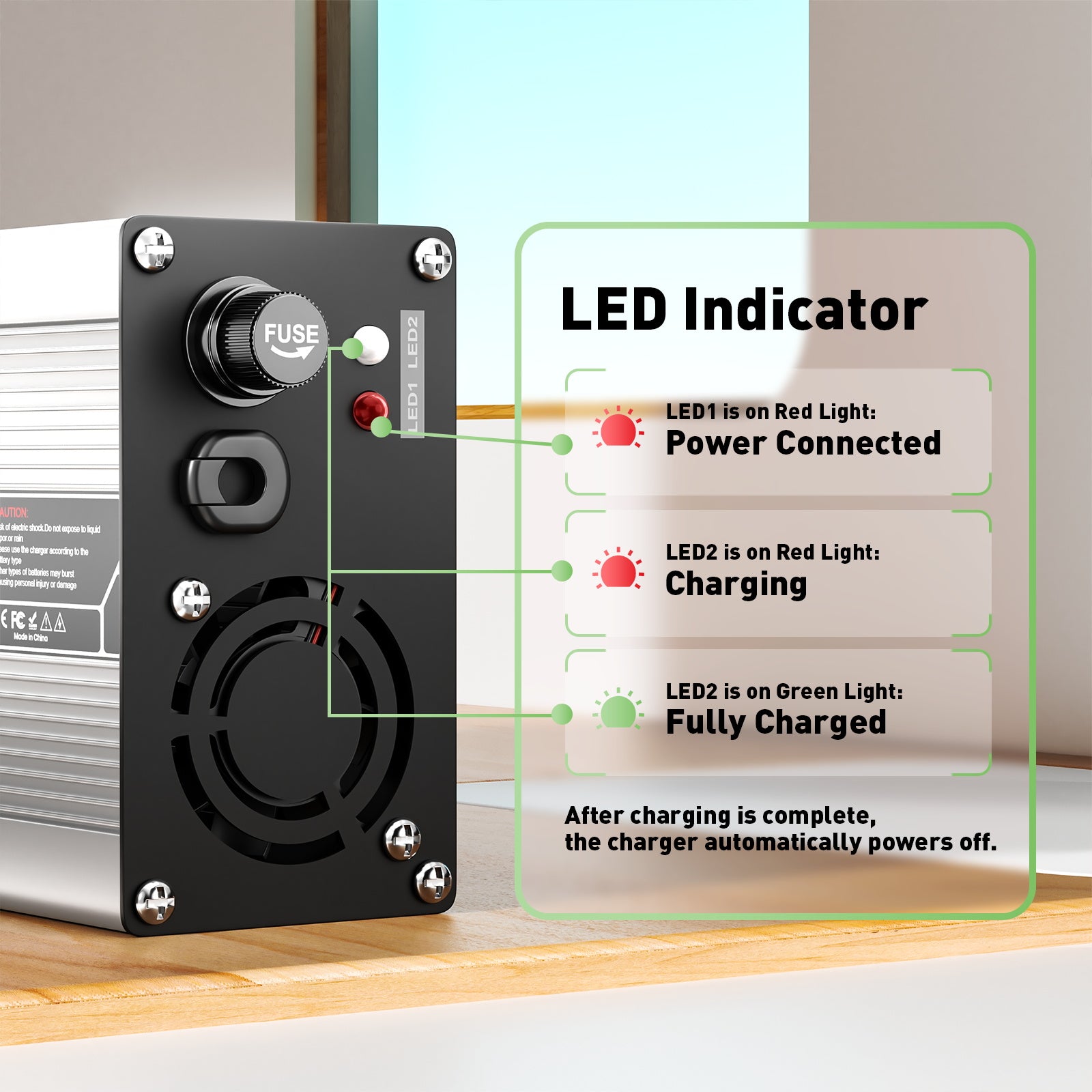 NOEIFEVO 12,6V 10A Lithium-ladeapparat til 3S 11,1V Li-Ion Lipo-batterier, med kølevifte, automatisk slukning.