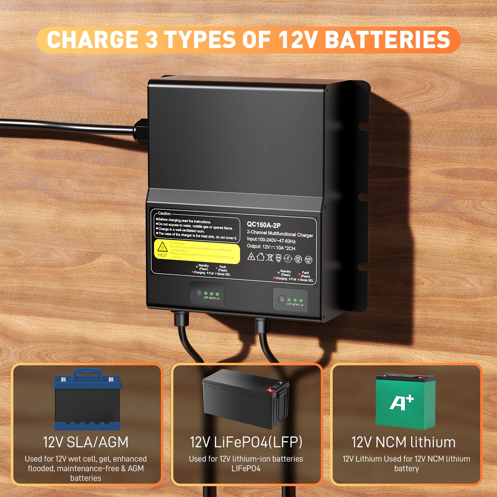 NOEIFEVO Carregador de bateria universal 12V 20A 2 Bancos (10A/Banco), carregador impermeável 12V para LiFePO4, Lítio e Ácido-Chumbo, para autocaravana, barco, motocicleta, cortador de grama, motor de arrasto e bateria de chumbo-ácido