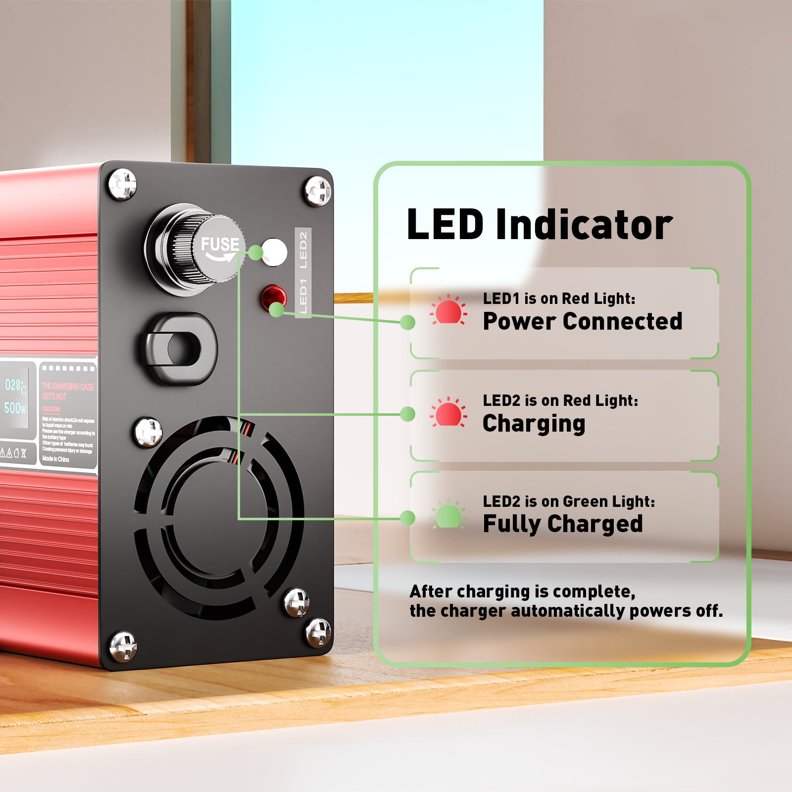 NOEIFEVO 29.2V 15A Carregador de Bateria LiFePO4 para Baterias LiFePO4 25.6V 8S, Desligamento Automático, Tela OLED, Caixa de Alumínio, com Ventilador