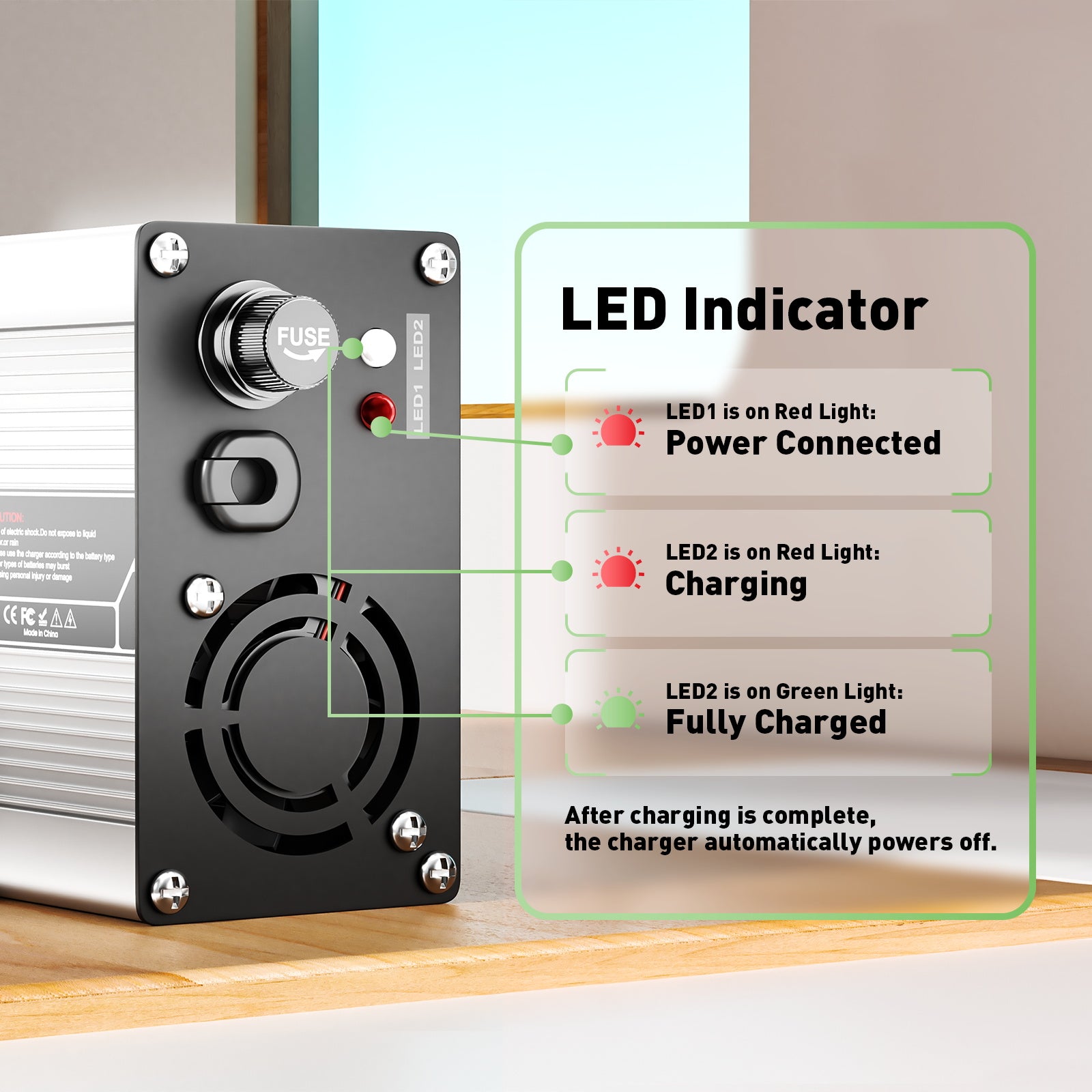 NOEIFEVO 71,4V 6A Lithium nabíječka pro 62,9 V (60 V) 17S akumulátor, automatické vypnutí, hliníkový kryt, s ventilátorem (stříbrná)