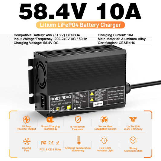NOEIFEVO 58,4 V 10A LiFePO4 Carregador de bateria para 51,2 V (48 V) Bateria de lítio 16S para carrinhos de golfe, RVs e motores elétricos de pesca