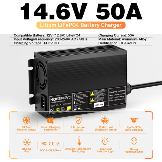 Noeifevo 14,6 V 50A Carregador rápido de bateria de lítio LiFePO4 para bateria LiFePO4 de 12 V (12,8 V), ativação de 0 V BMS, desligamento automático com proteção total