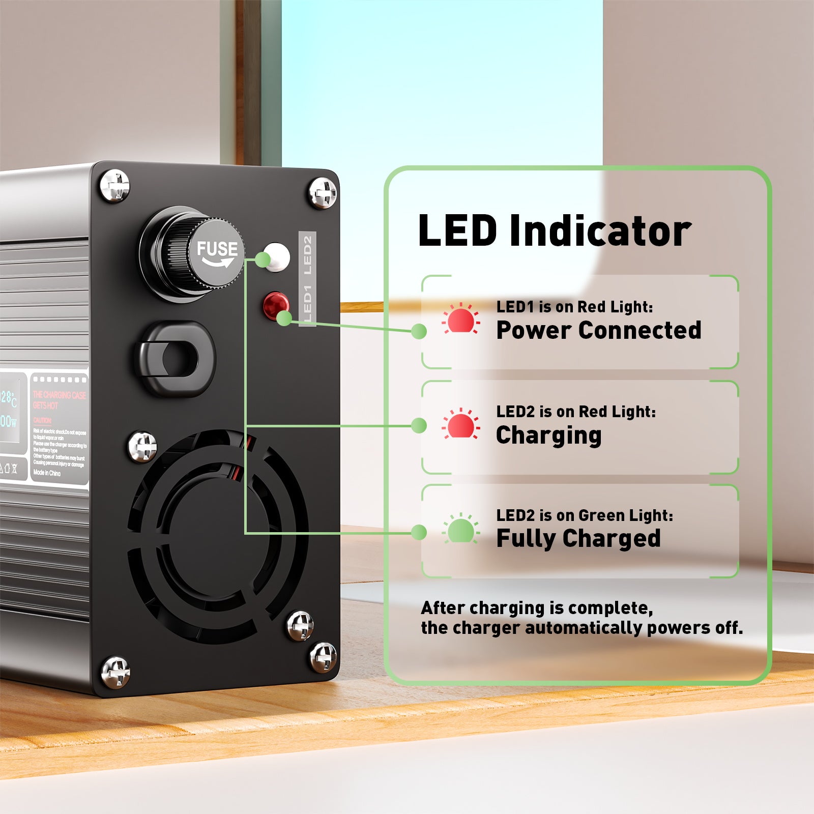 NOEIFEVO 54.6V 3A lithiumlader til 13S 48.1V Li-Ion Lipo-batterier, kølevifte, automatisk slukning (SORT)