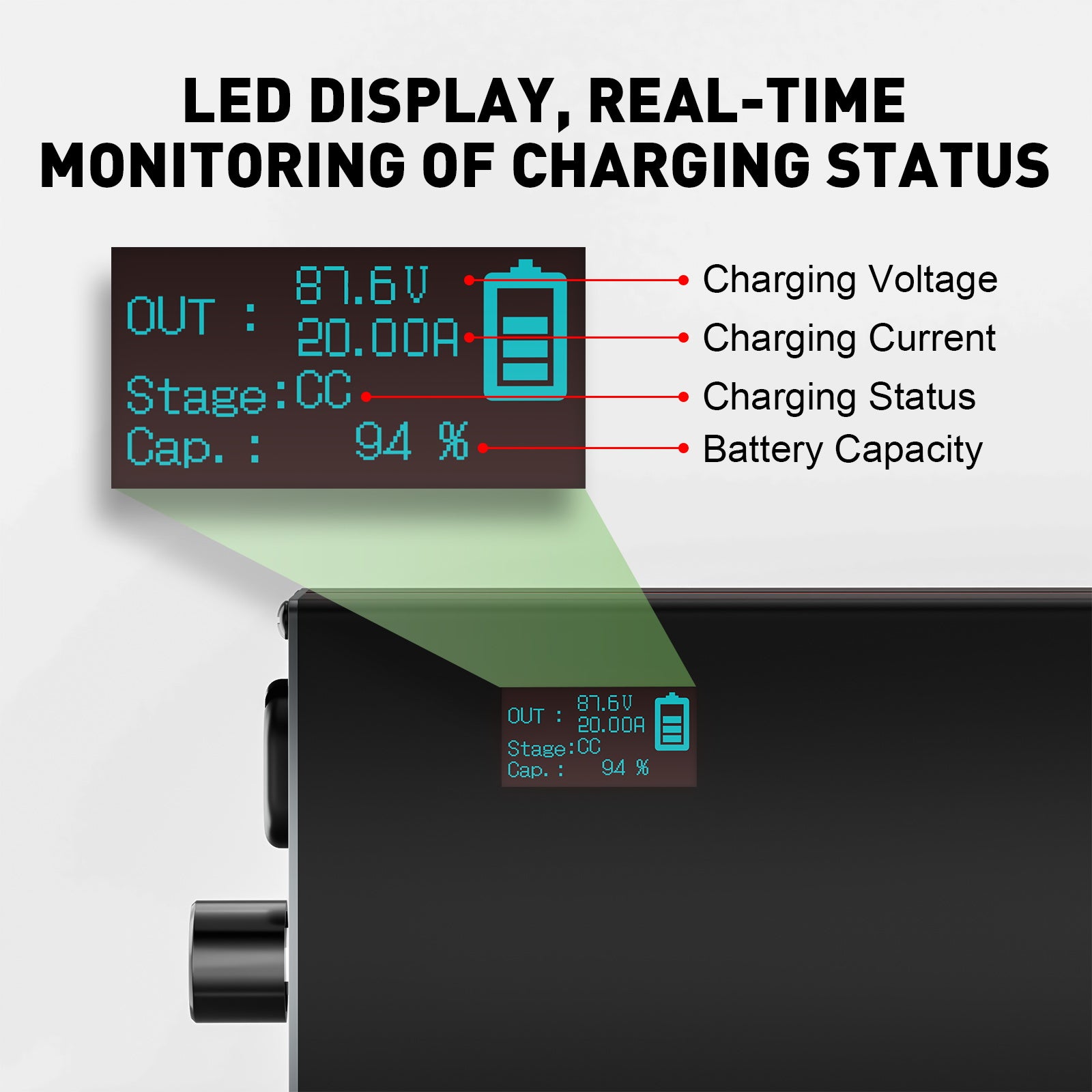 NOEIFEVO 87.6V 2-20A Litium-LiFePO4-laddare för 76.8V 24S LiFePO4-batteri, LCD-display, justerbar ström, laddare för trollingmotor, båt och husvagnar