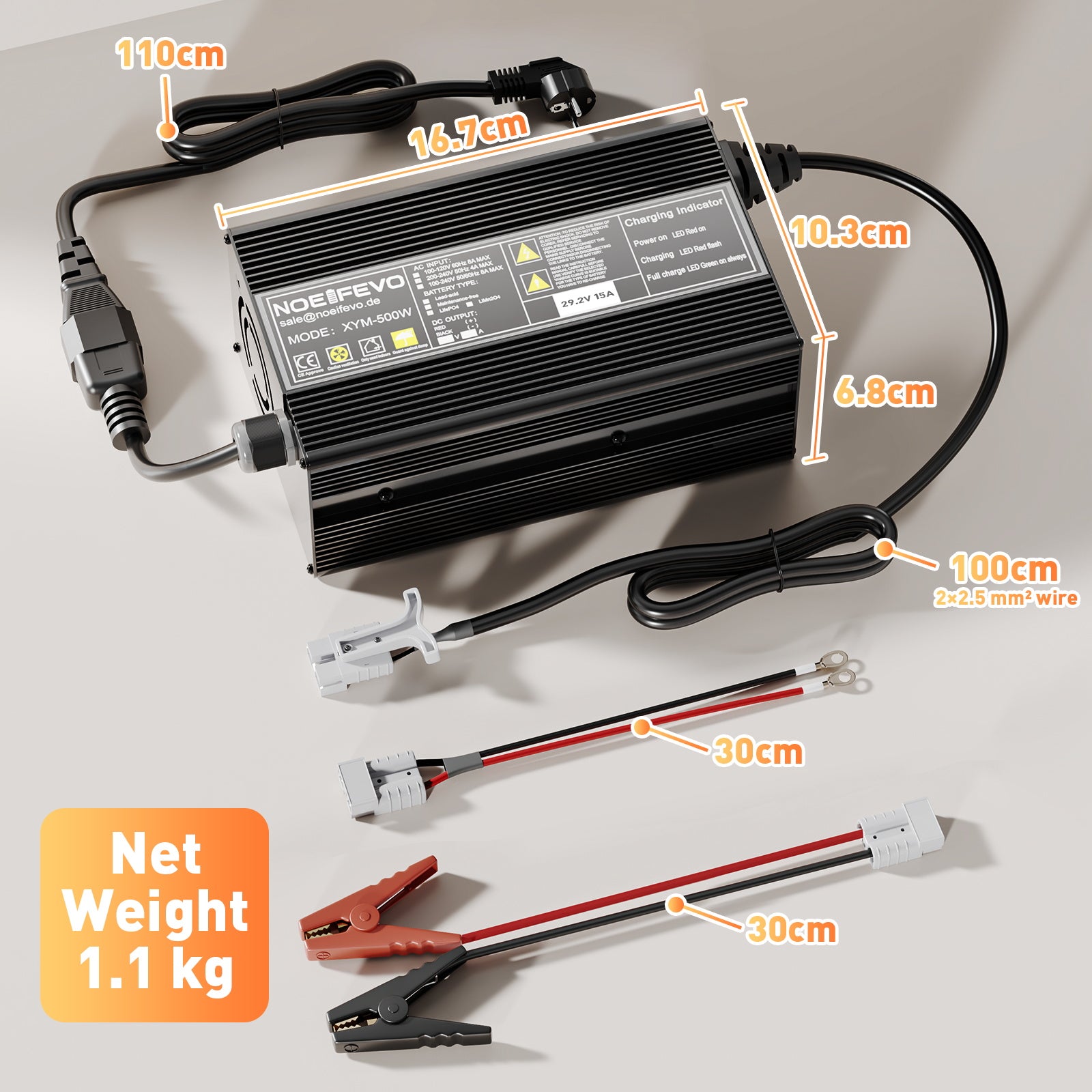 Noeifevo 29.2V 15A LiFePO4 carregador de bateria para bateria de lítio 24V 25.6V, ativação 0V BMS, desligamento automático com proteção total