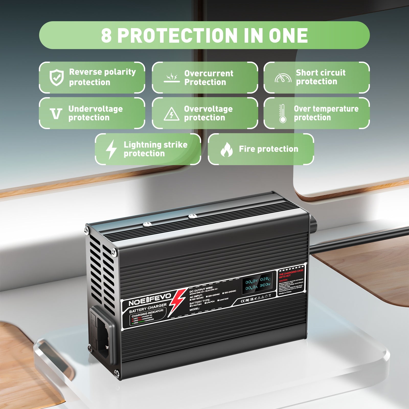 NOEIFEVO 50.4V 2A Lithium-oplader til 12S 44.4V Li-Ion Lipo-batterier, med LCD-skærm, køleventilator, automatisk slukning