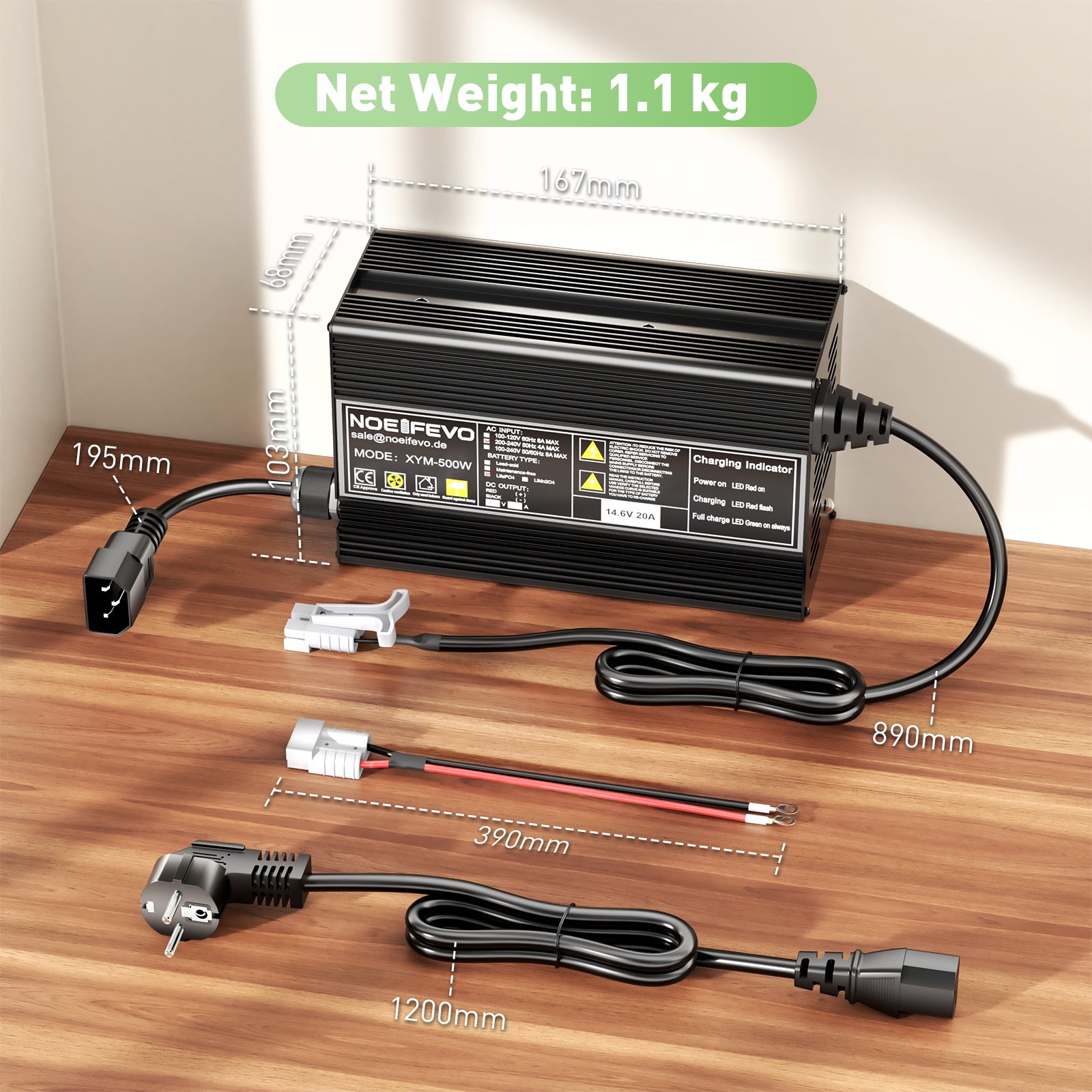 Noeifevo 14.6V 20A LiFePO4 Akku Ladegerät für 12V 12.8V LiFePO4 Lithium Batterie, 0V BMS Aktivieren, Automatische Abschaltung,Aluminiumlegierung Gehäuse