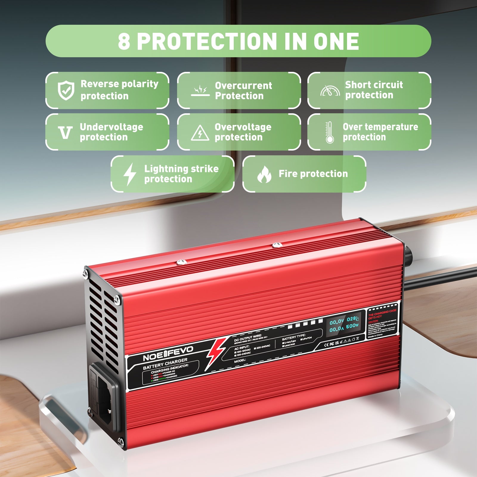 NOEIFEVO 24V 15A bly-syre-batterilader, opladningsspænding 27,6V-29,4V, automatisk slukning, OLED-display, aluminiumsgehus, med blæser.