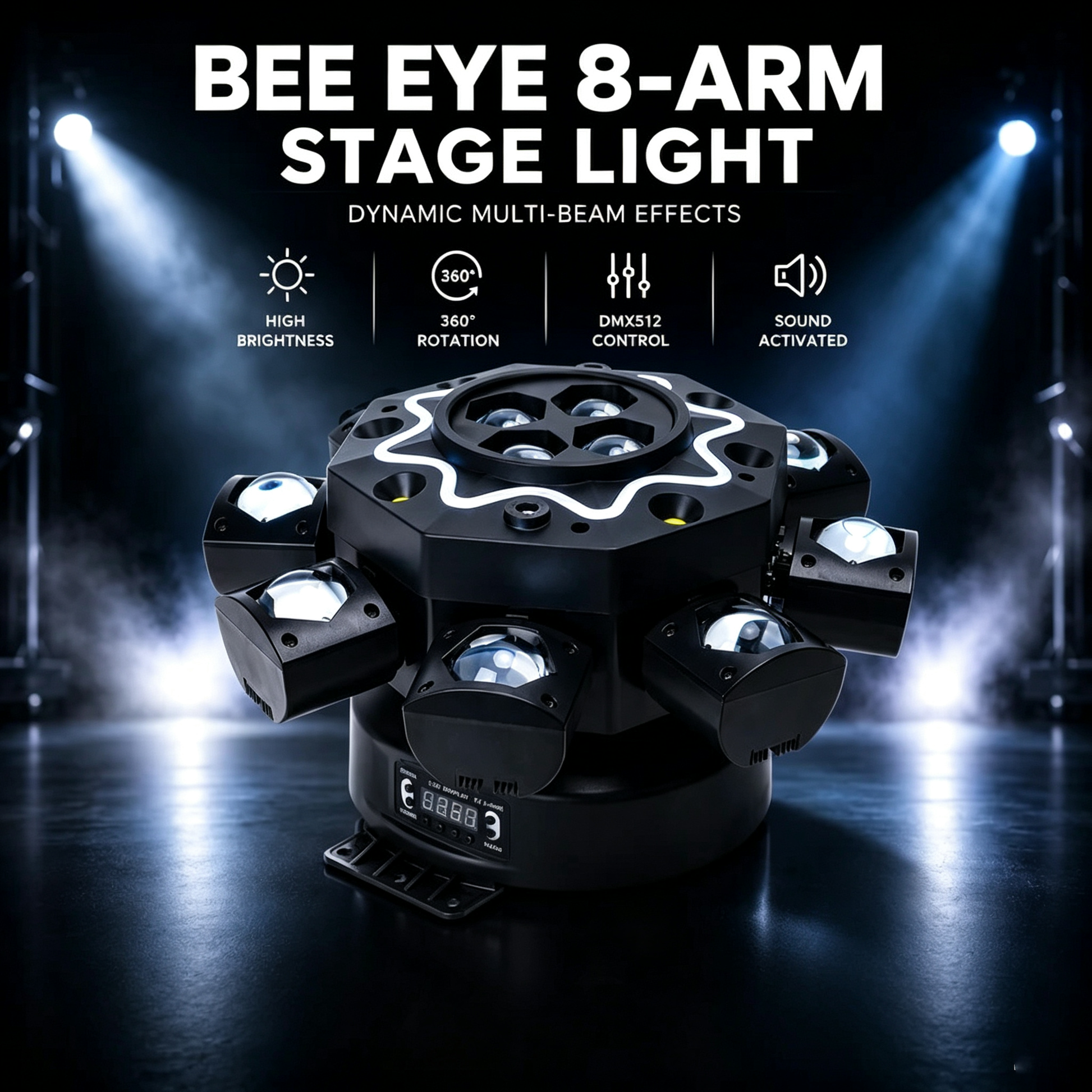 200W Bienenauge 8-Arm Moving Head Licht, DJ-Bühnenbeleuchtung mit DMX512-Unterstützung, RGBW 4-in-1 LED-Partylight mit Fernbedienung für Hochzeiten, Bars, Clubs und Discos