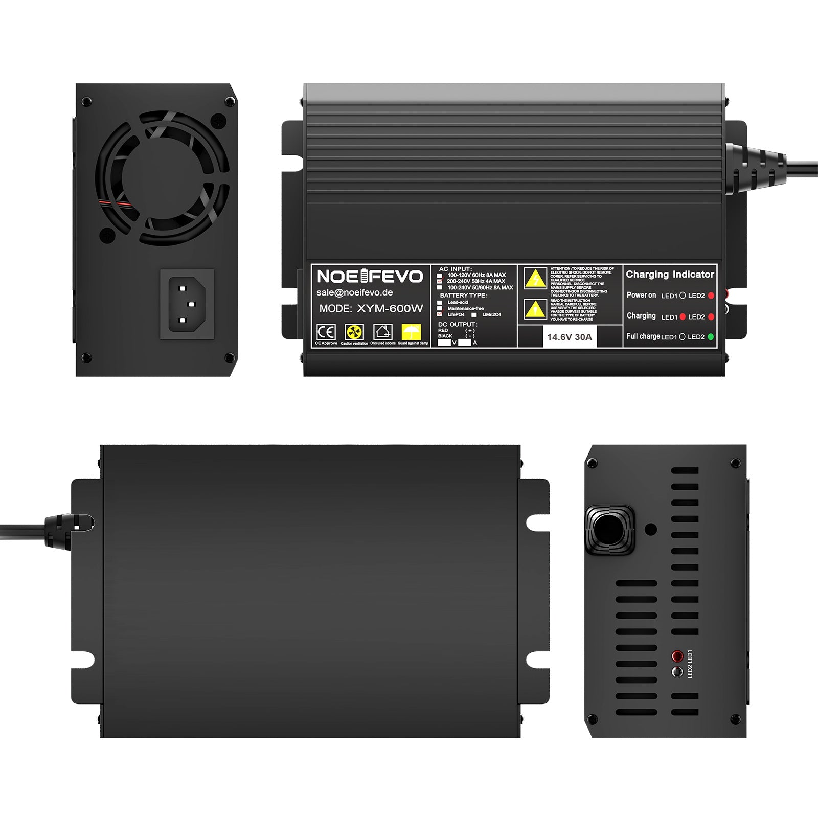 Noeifevo 12V 12,8V 30A Lithium LiFePO4 batteriladdare, laddningsspänning 14,6V, 0V BMS aktivering, automatisk avstängning, aluminiumhus