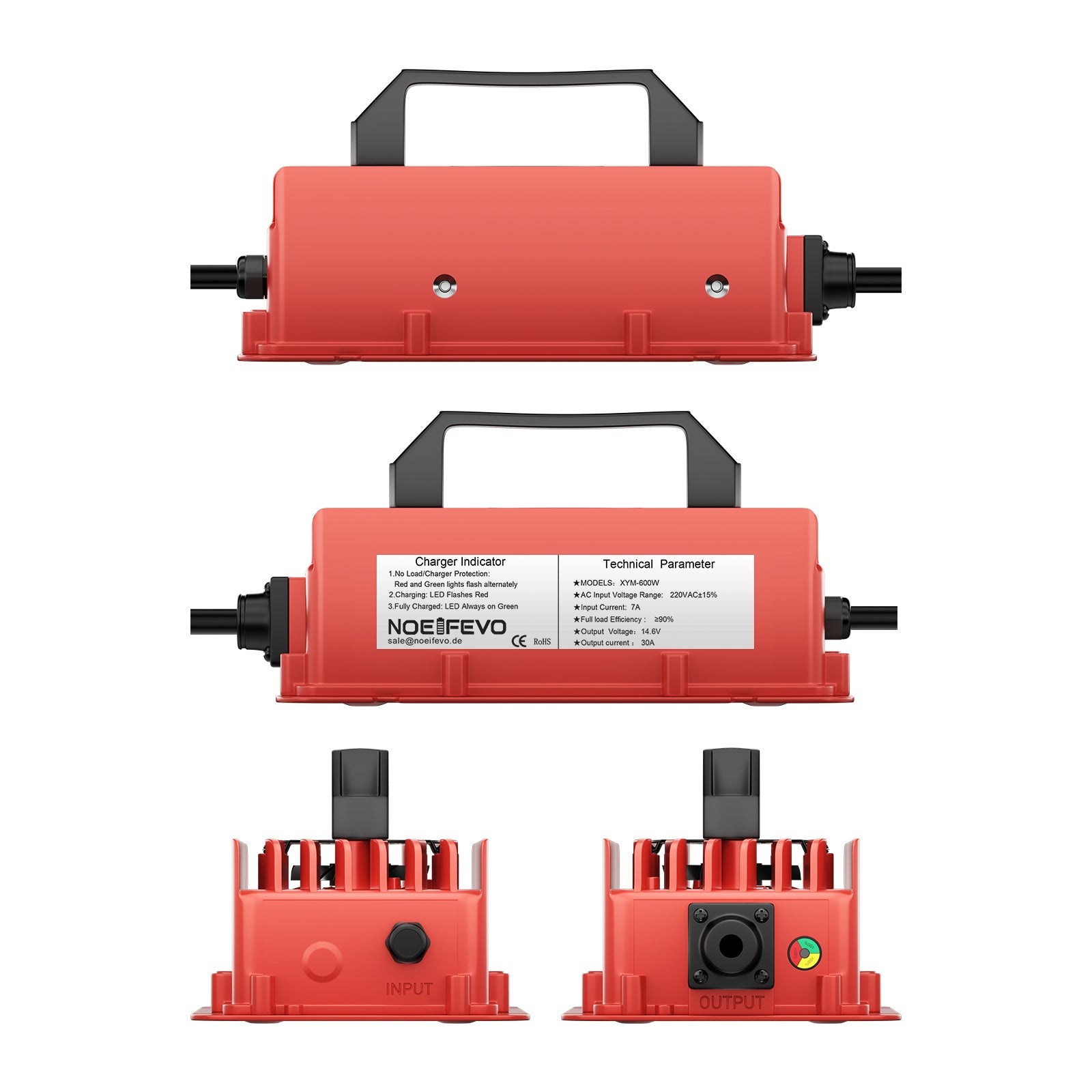 NOEIFEVO 14,6V 30A vandtæt LiFePO4 batterioplader til 12V(12,8V) 4S LiFePO4 batteri