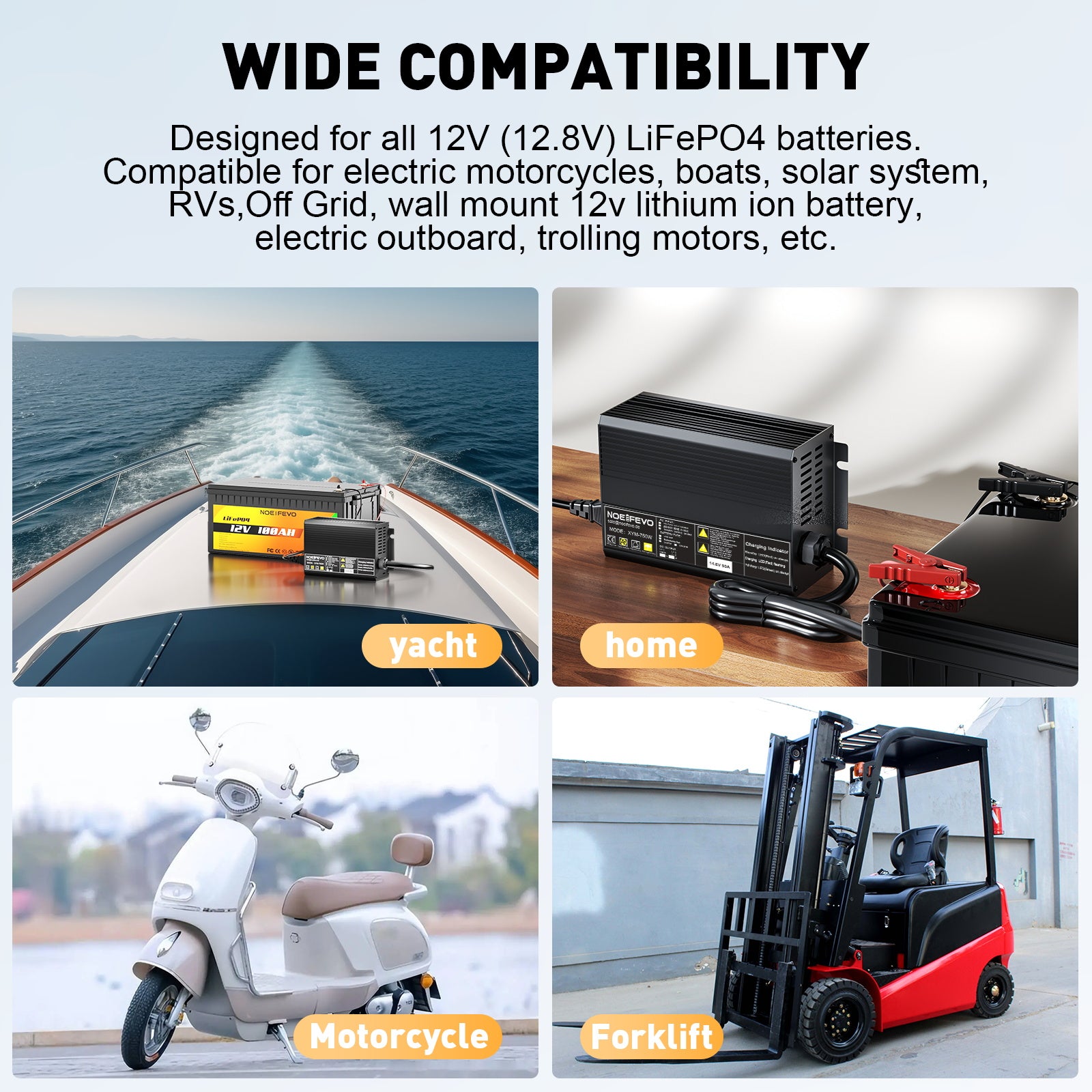 מטען סוללות Noeifevo 14.6V 50A מהיר ליתיום LiFePO4 לסוללת 12V(12.8V) LiFePO4, הפעלה של 0V BMS, כיבוי אוטומטי עם הגנה מלאה