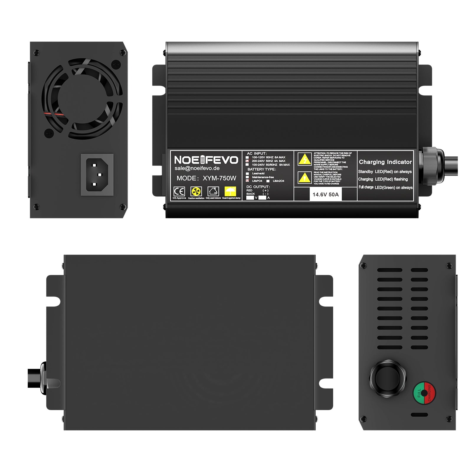 Noeifevo 14.6V 50A LiFePO4 Ładowarka do baterii 12V (12.8V) LiFePO4, reset ładowarki LiFePO4